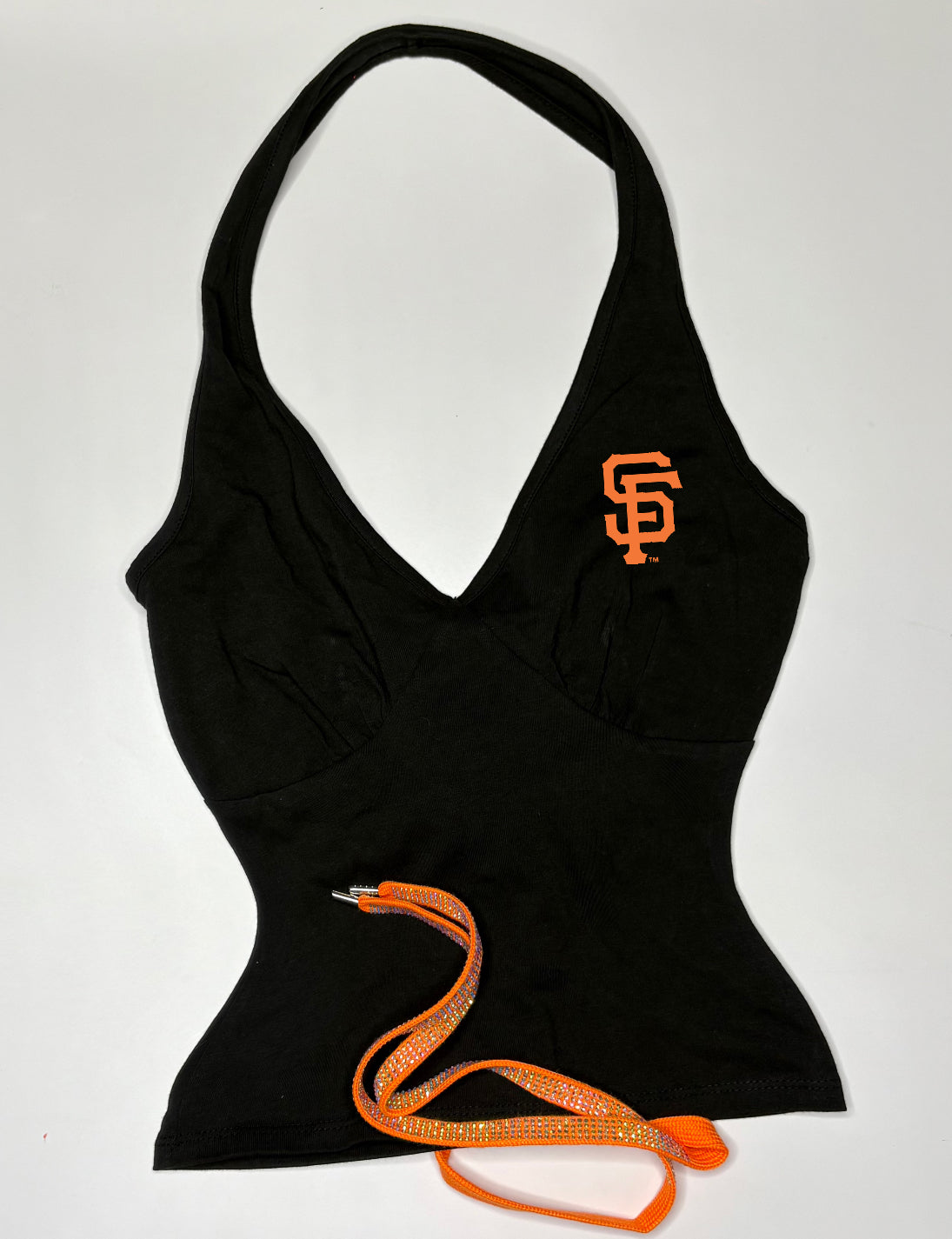 SF Giants Open Back Halter Top - with a bright orange rhinestone lace