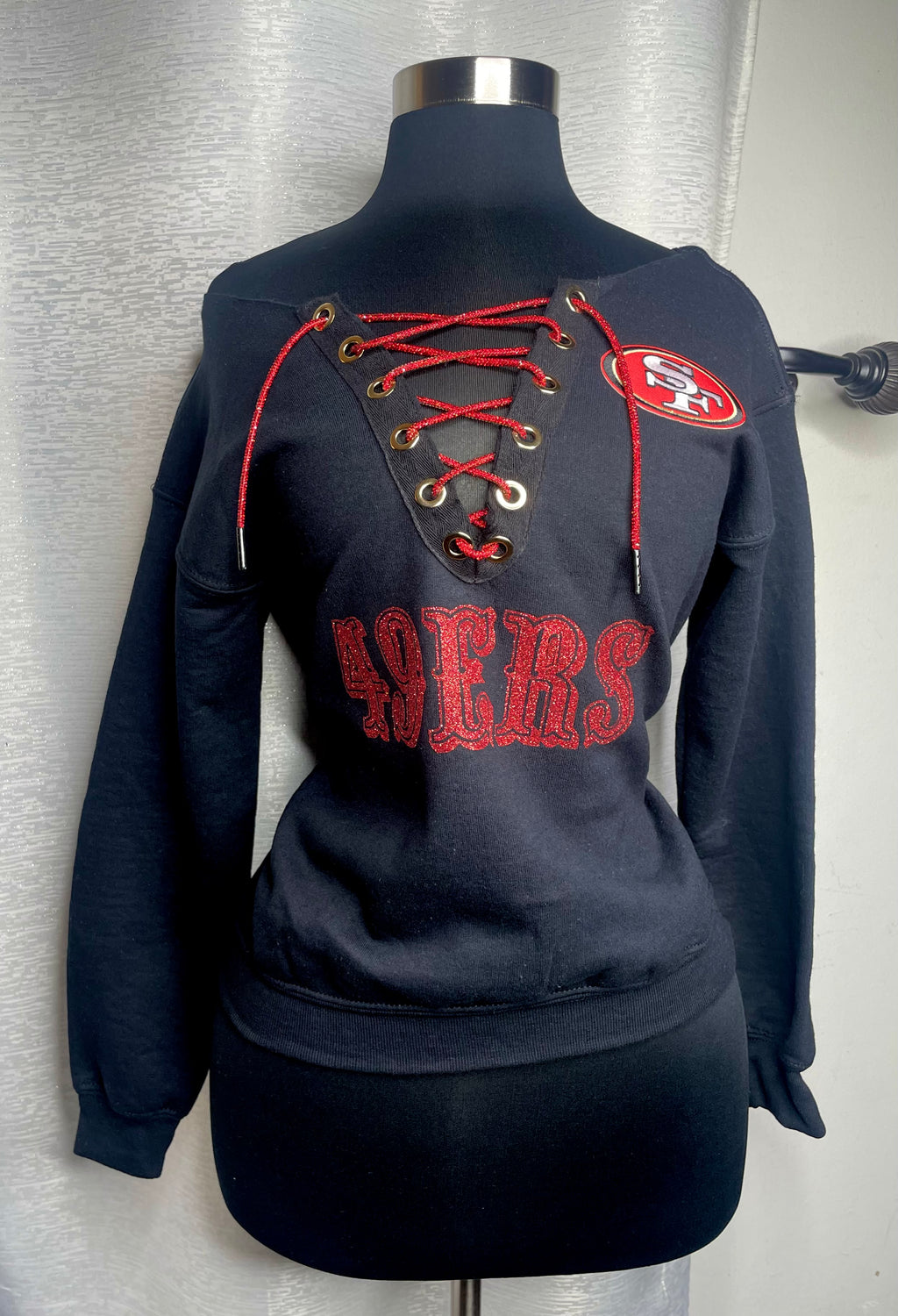 SF 49ers Oversized Sweater with a Grommet Cut & Rhinestone Cord