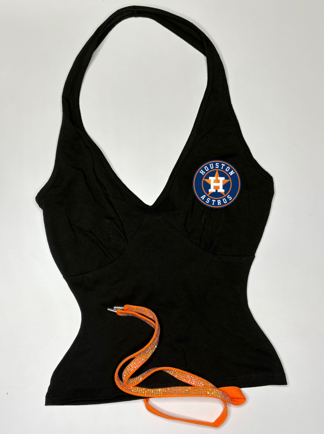 Astros Open Back Halter Top - Black with a bright orange rhinestone lace