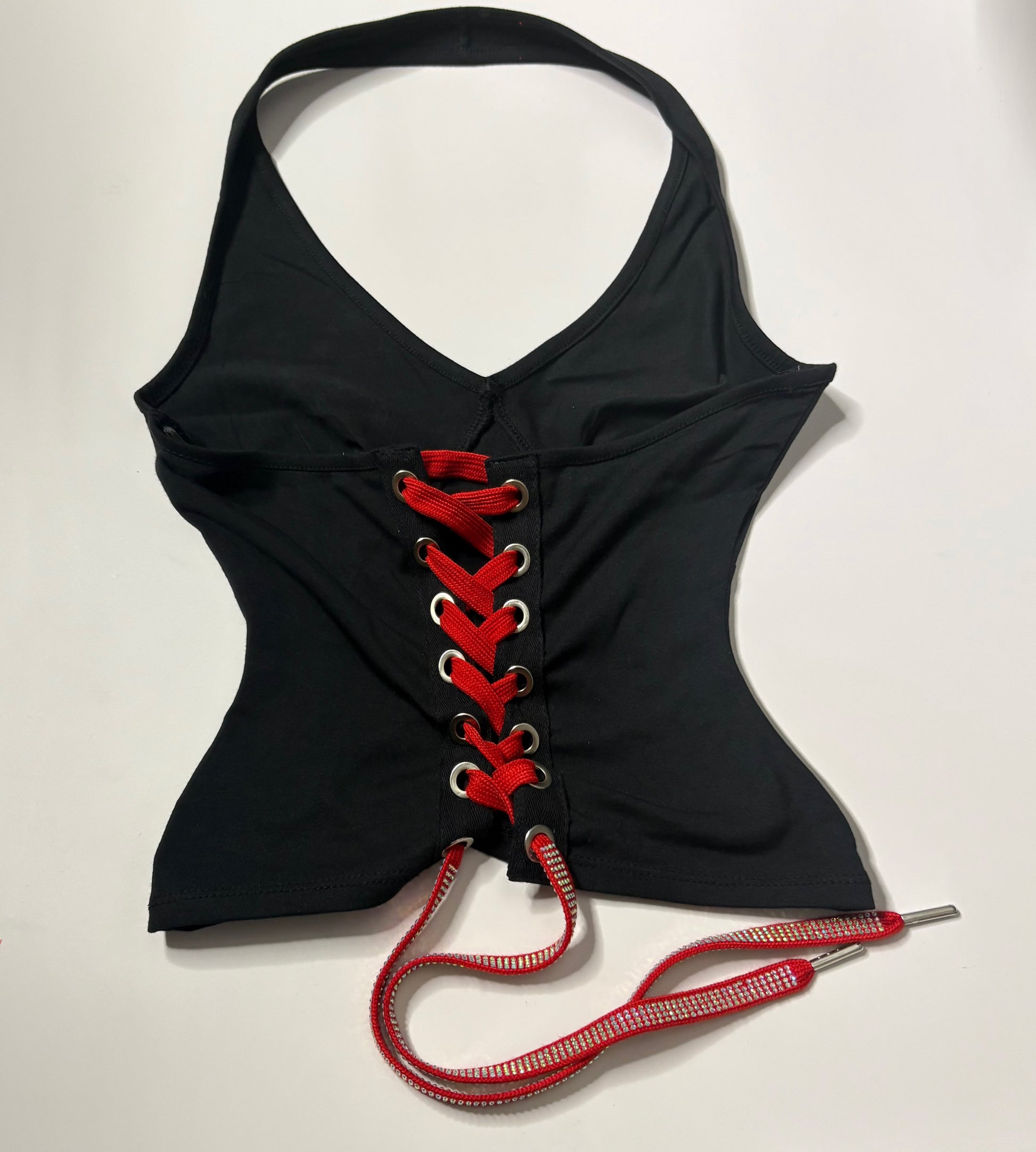 49ers Open Back Halter Top - Black with a red flat rhinestone lace