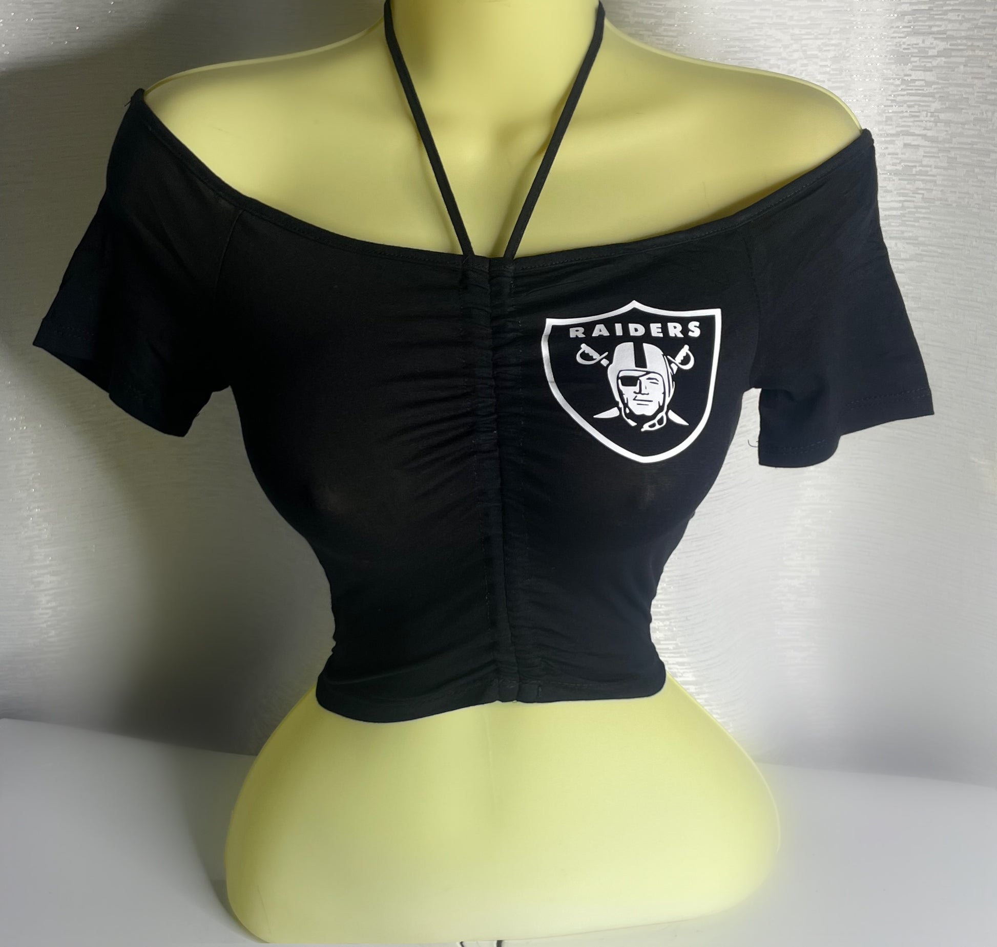 Raiders off the shoulder ruched front halter top