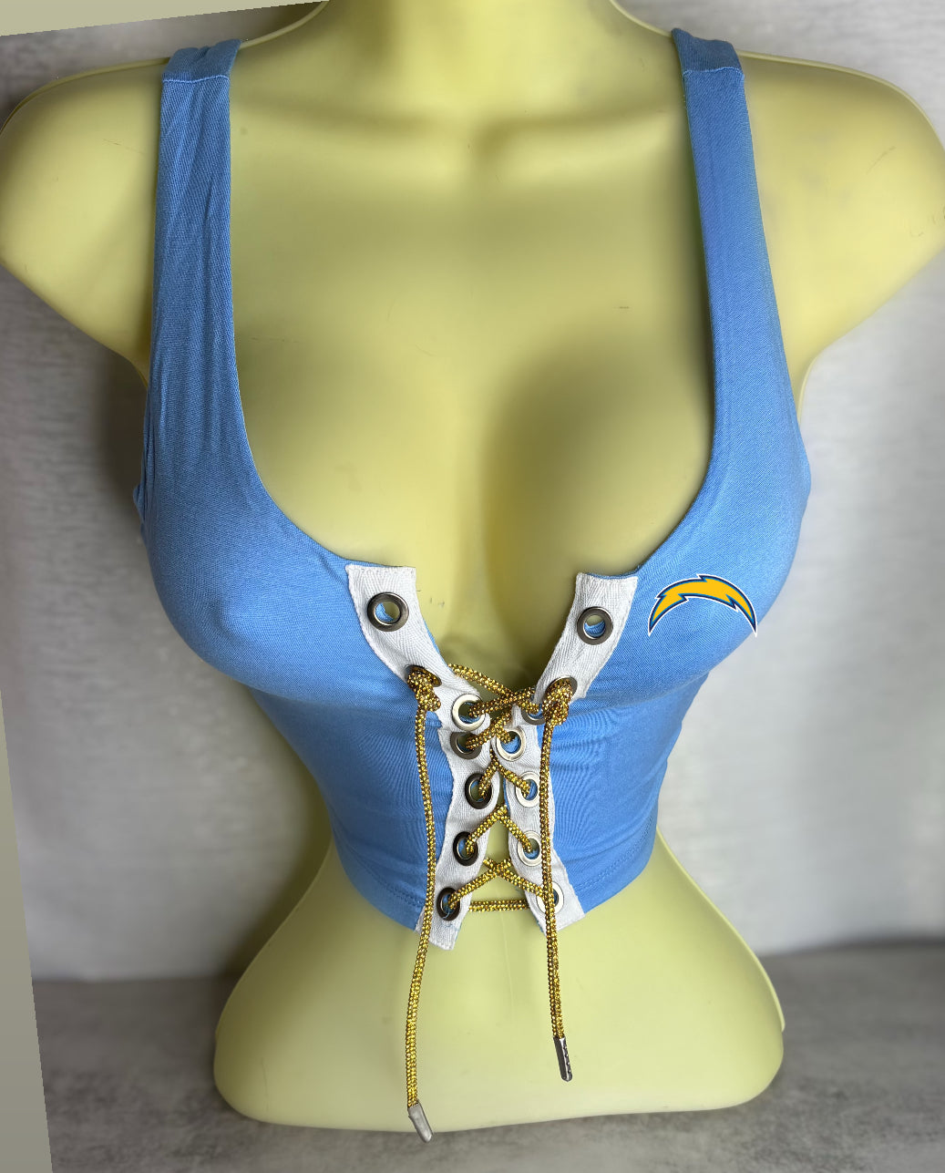 Chargers Crop Tank Top - Light Blue with a Yellow Rhinestone Cord