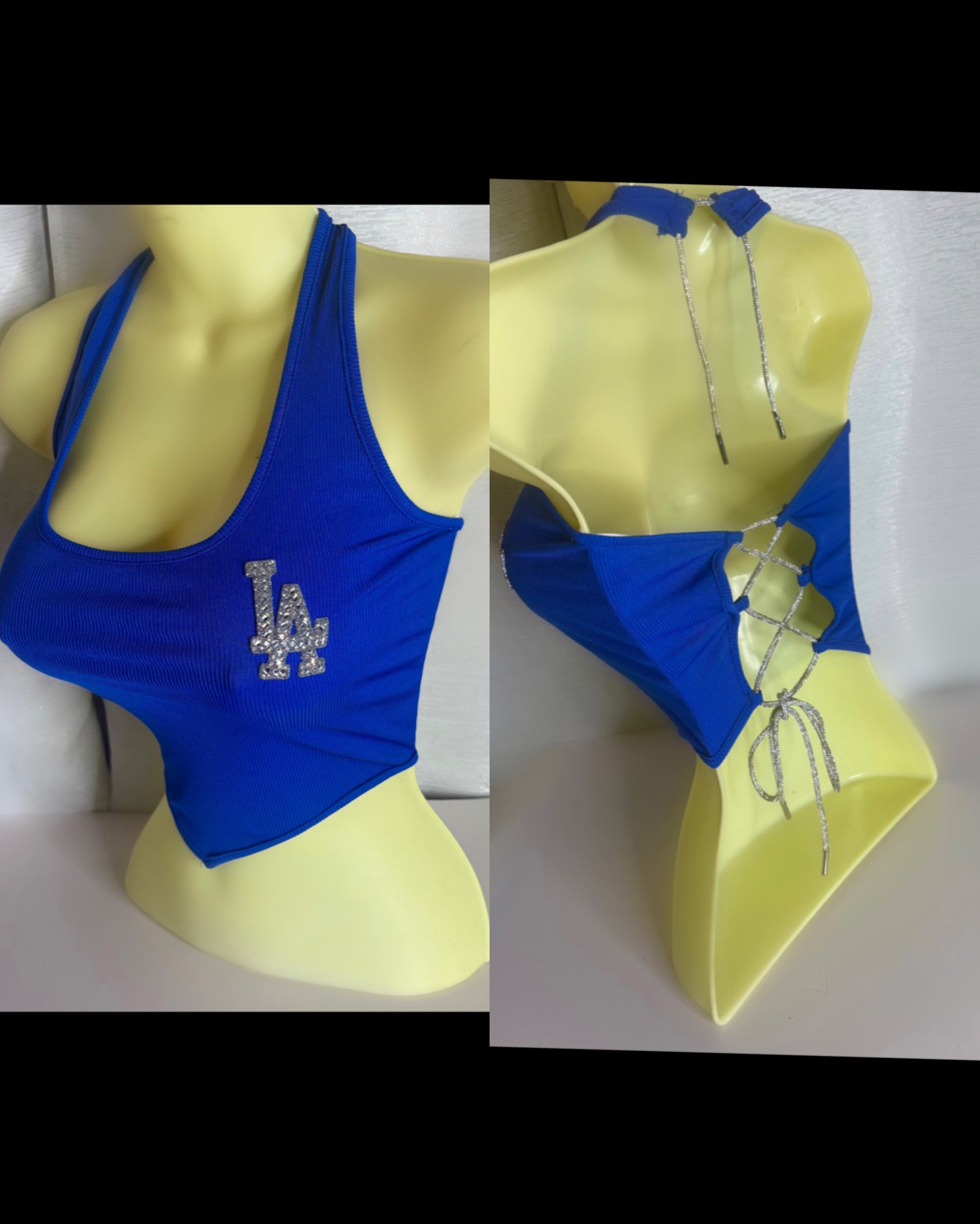 LA Open Back Halter Top with a rhinestone back lace