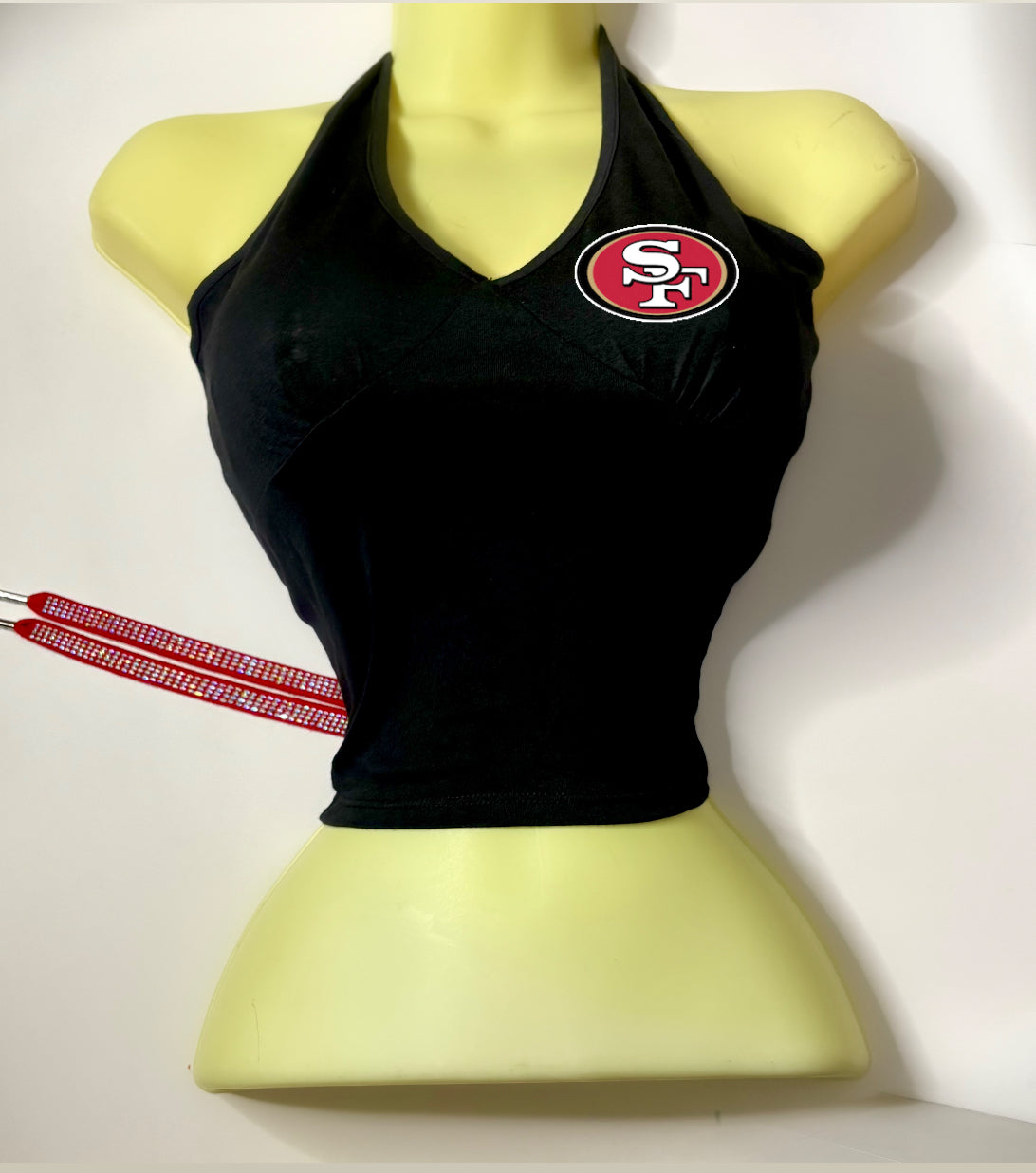 49ers Open Back Halter Top - Black with a red flat rhinestone lace