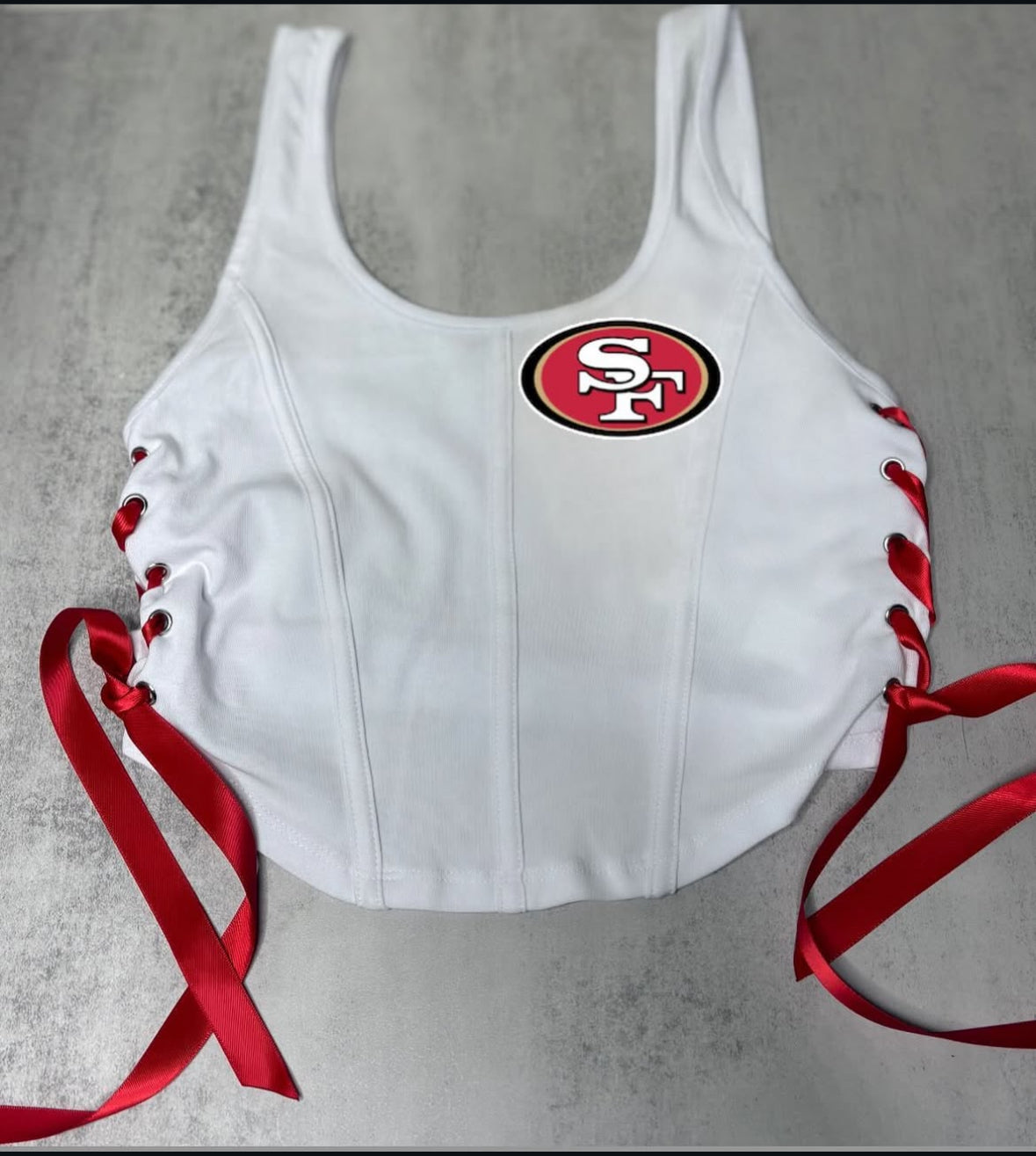 49ers Side Cut Corset - White with Red Satin Lace