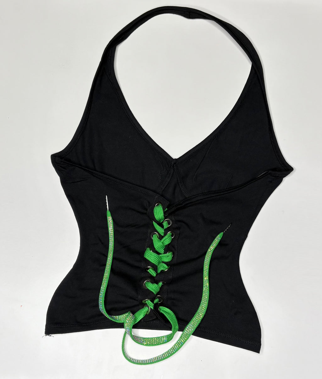 Eagles Open Back Halter Top - with a kelly green rhinestone lace