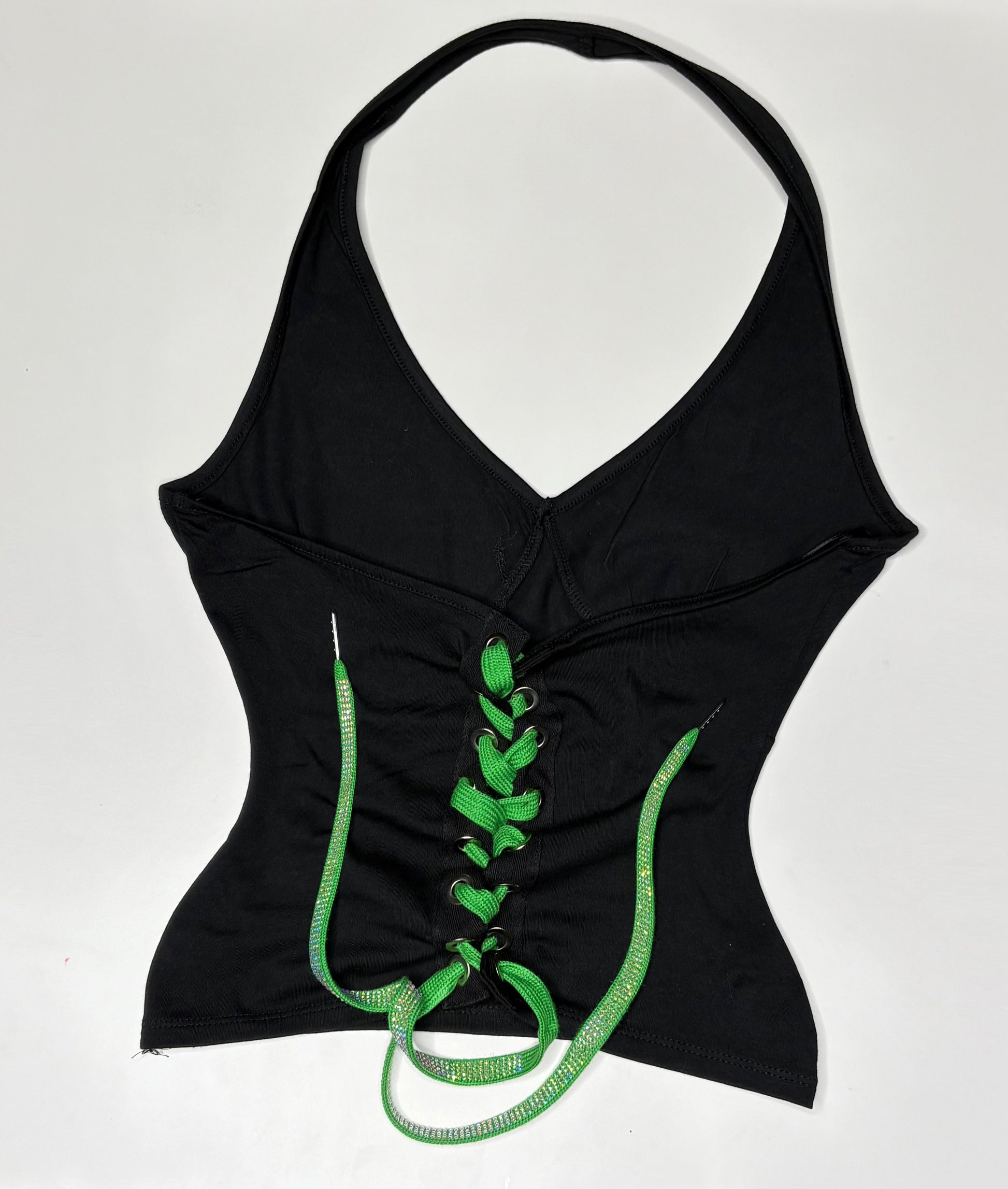 Eagles Open Back Halter Top - with a kelly green rhinestone lace