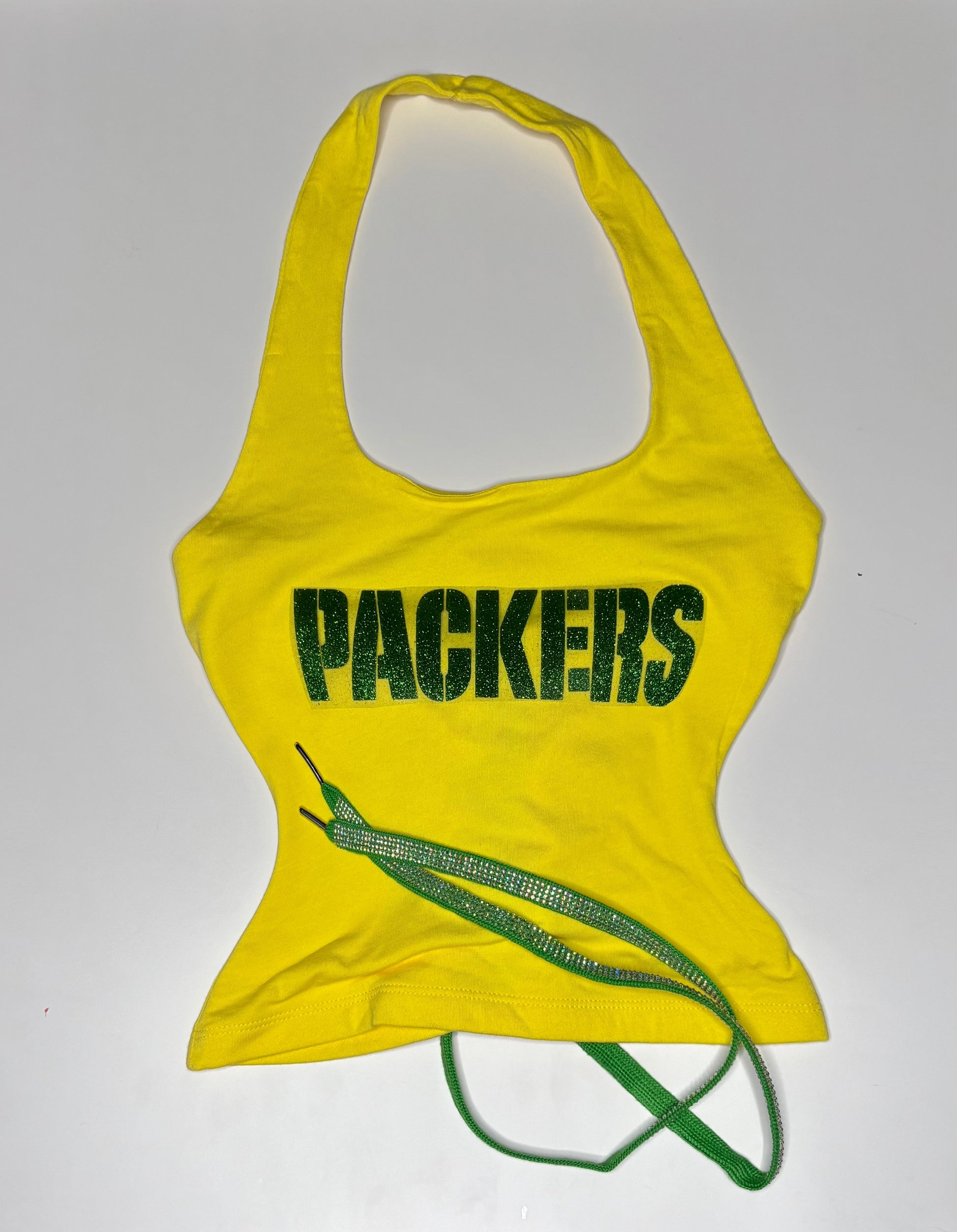 Packers Open Back Halter Top - Yellow with a green rhinestone lace