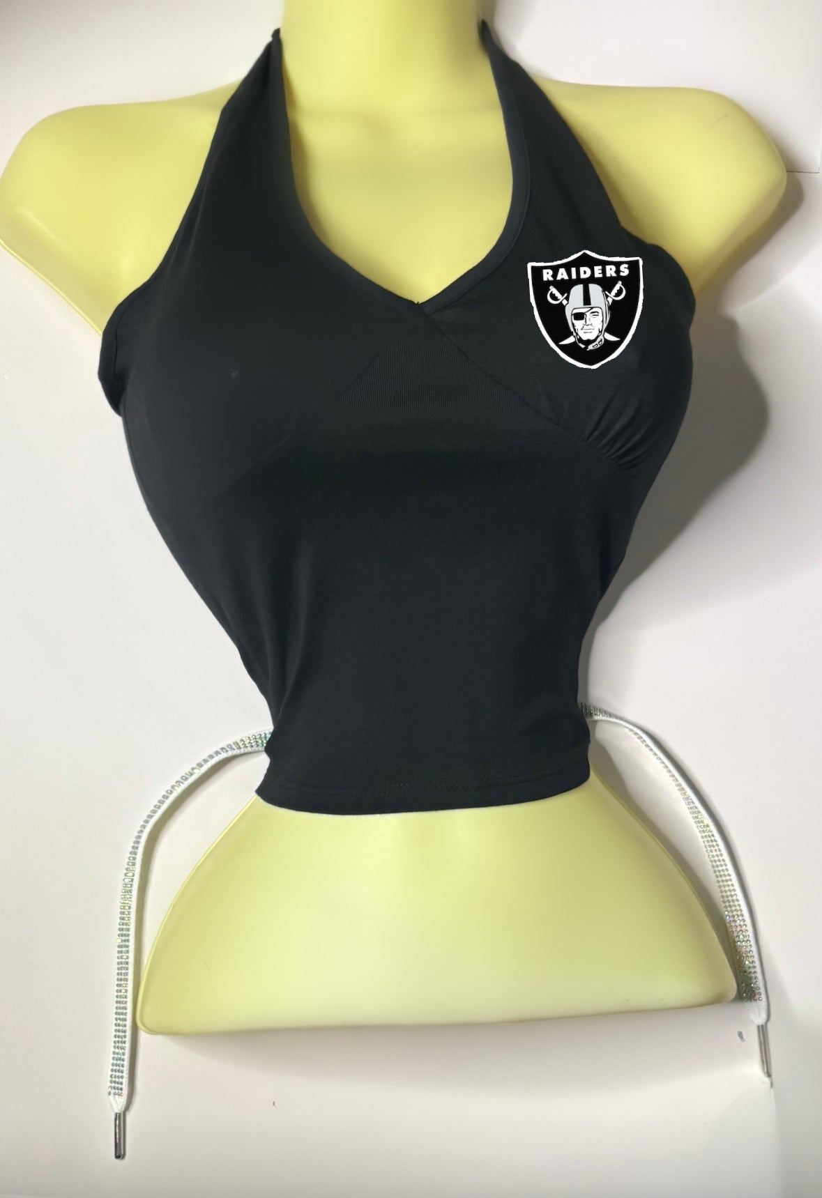Raiders Open Back Halter Top with white flat rhinestone cord