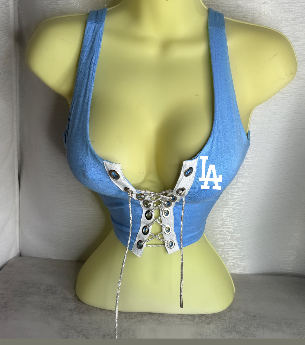 LA Tank Crop Top - Baby Blue with a Silver Rhinestone Cord