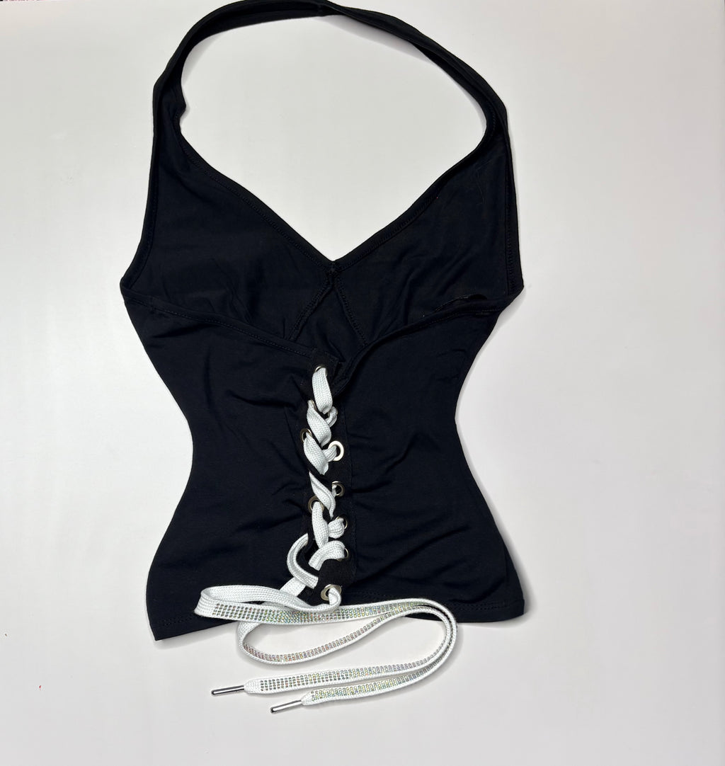 Raiders Open Back Halter Top with white flat rhinestone cord