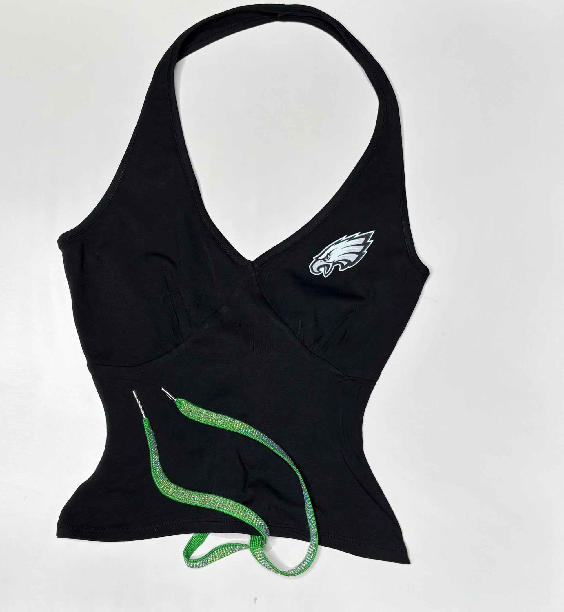 Eagles Open Back Halter Top - with a kelly green rhinestone lace