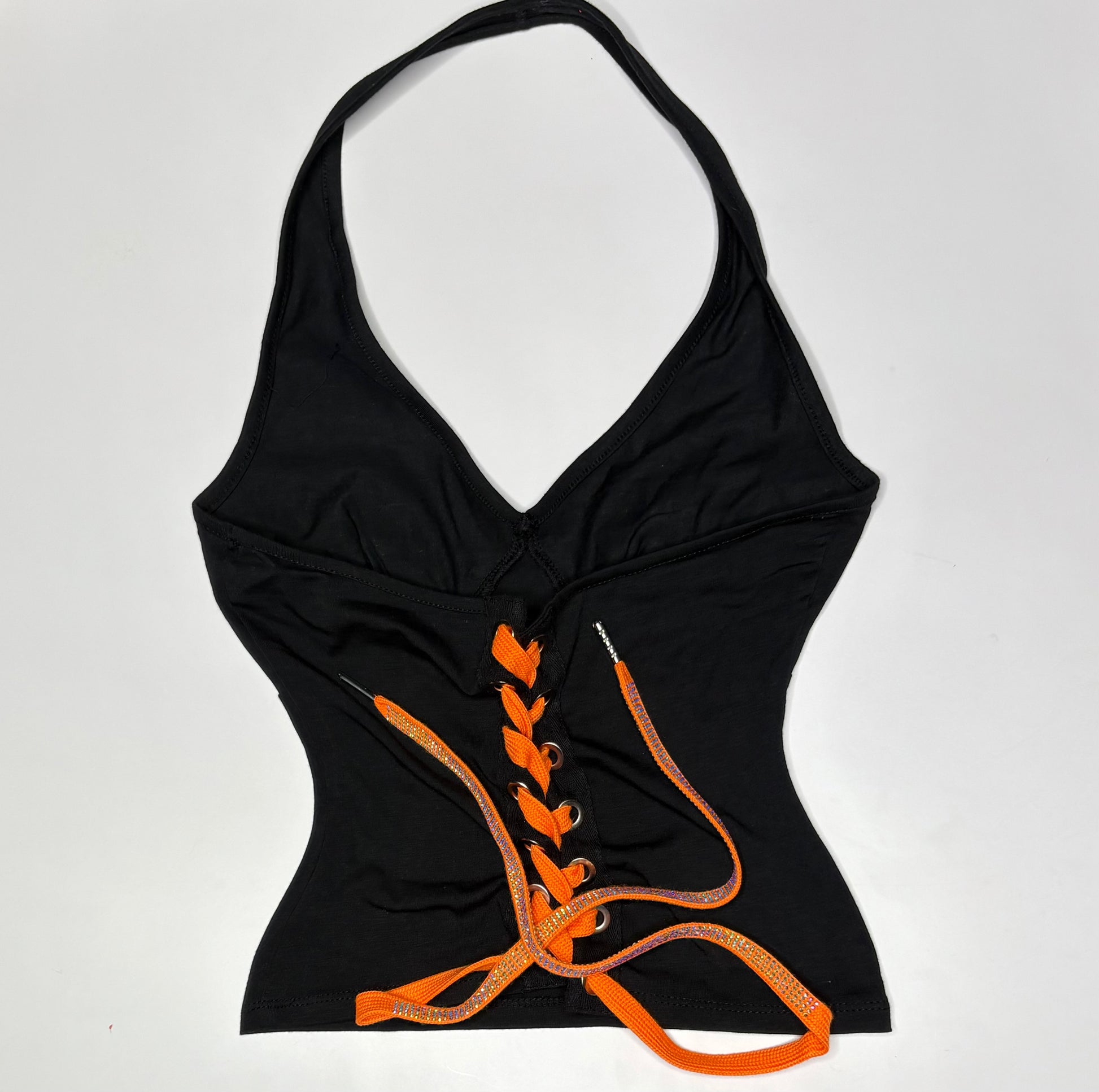 Astros Open Back Halter Top - Black with a bright orange rhinestone lace