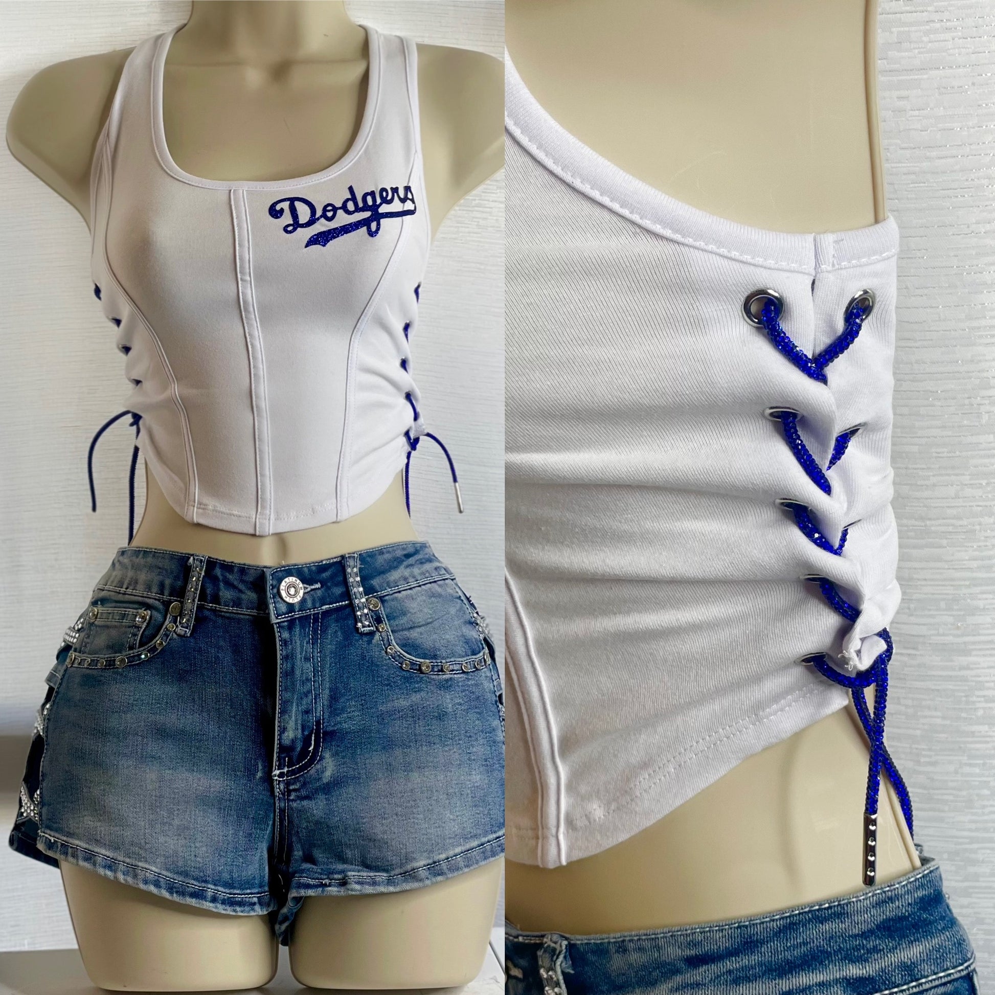Dodgers Corset Top with a side cut and royal blue rhinestone cord