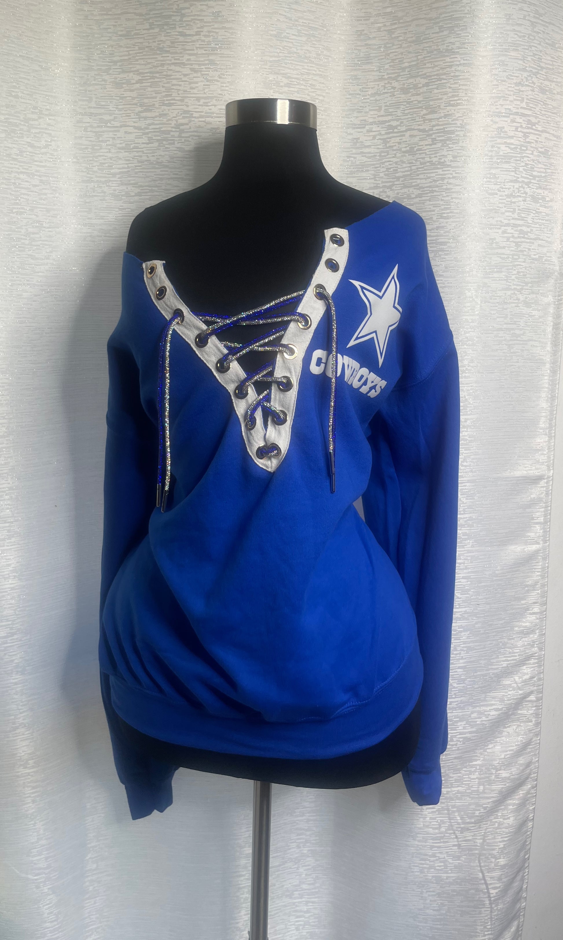 Cowboys off the shoulder sweater (Royal Blue) - Double rhinestone cord