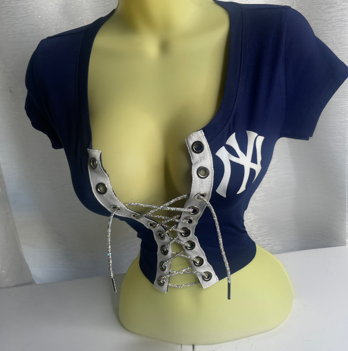 NY Yankees Crop Top with Rhinestone Cord