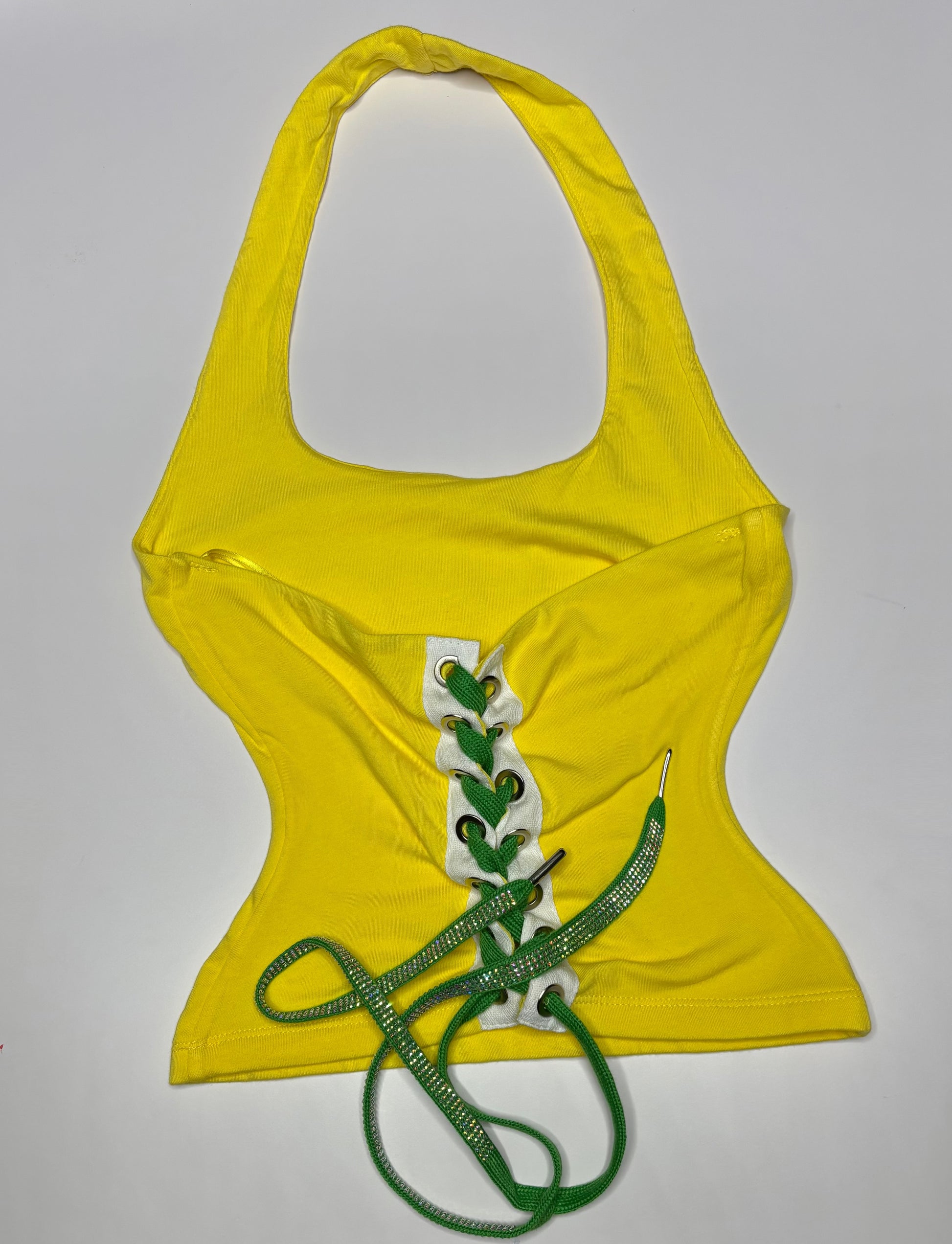 Packers Open Back Halter Top - Yellow with a green rhinestone lace