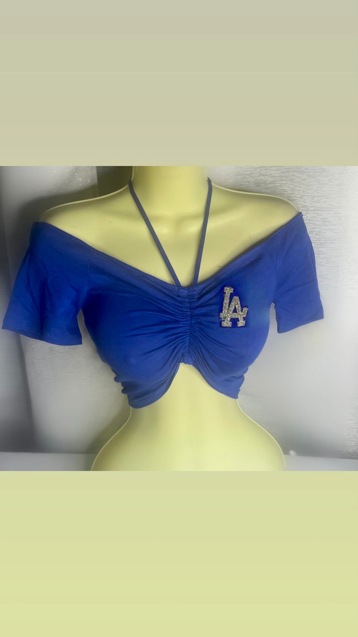 LA Rhinestone off the shoulder ruched front halter top
