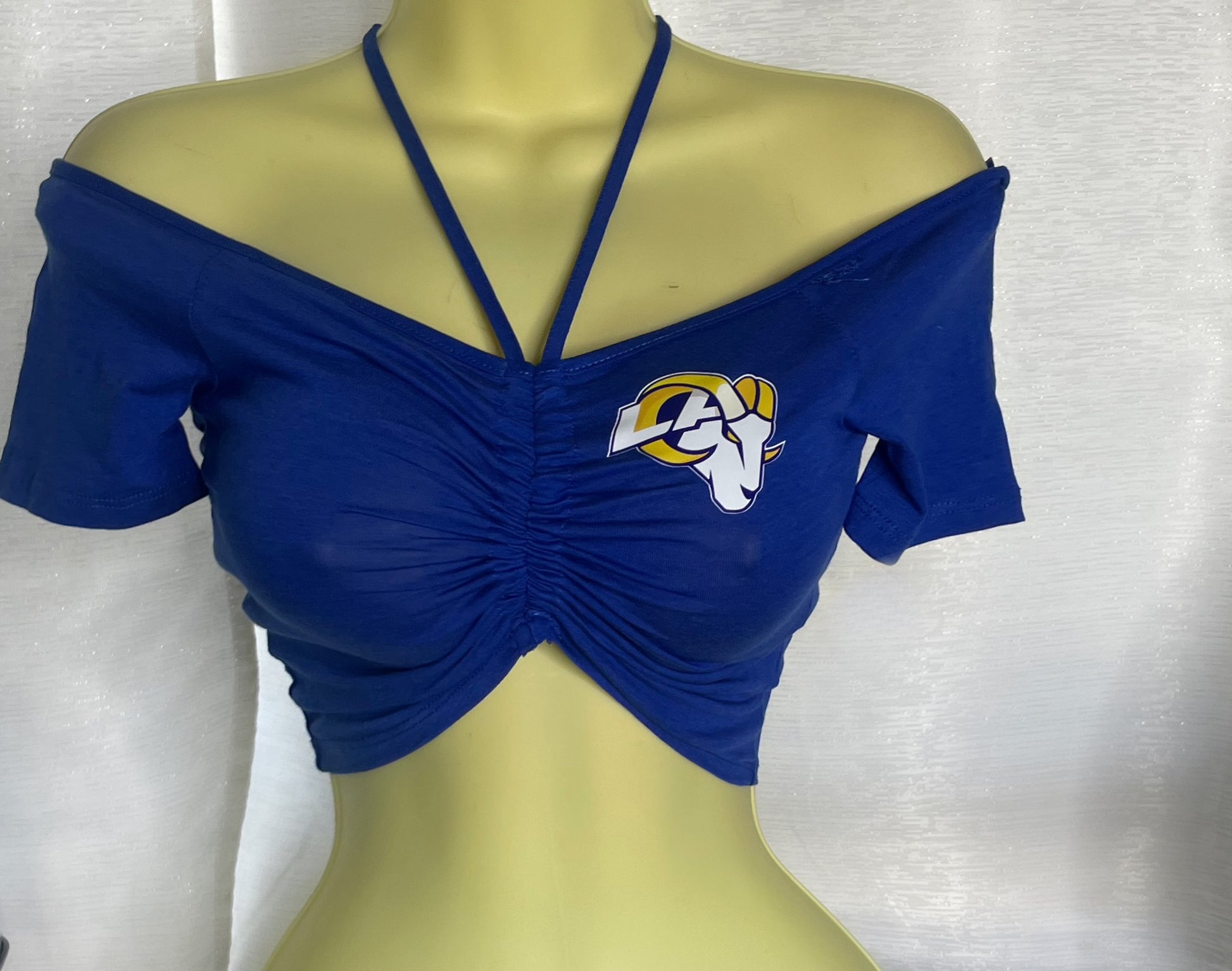 Rams off the shoulder ruched front halter top