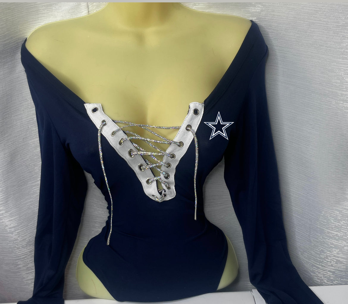 Cowboys on and off the shoulder bodysuit (Grommet Trim Cut)