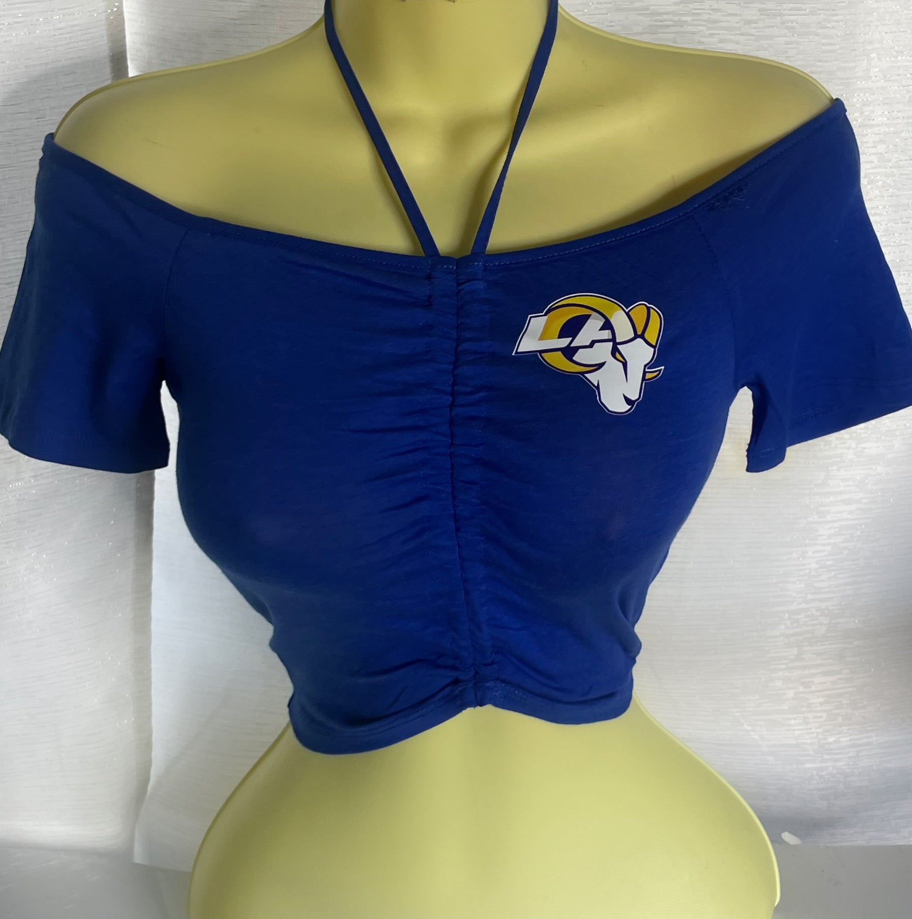Rams off the shoulder ruched front halter top