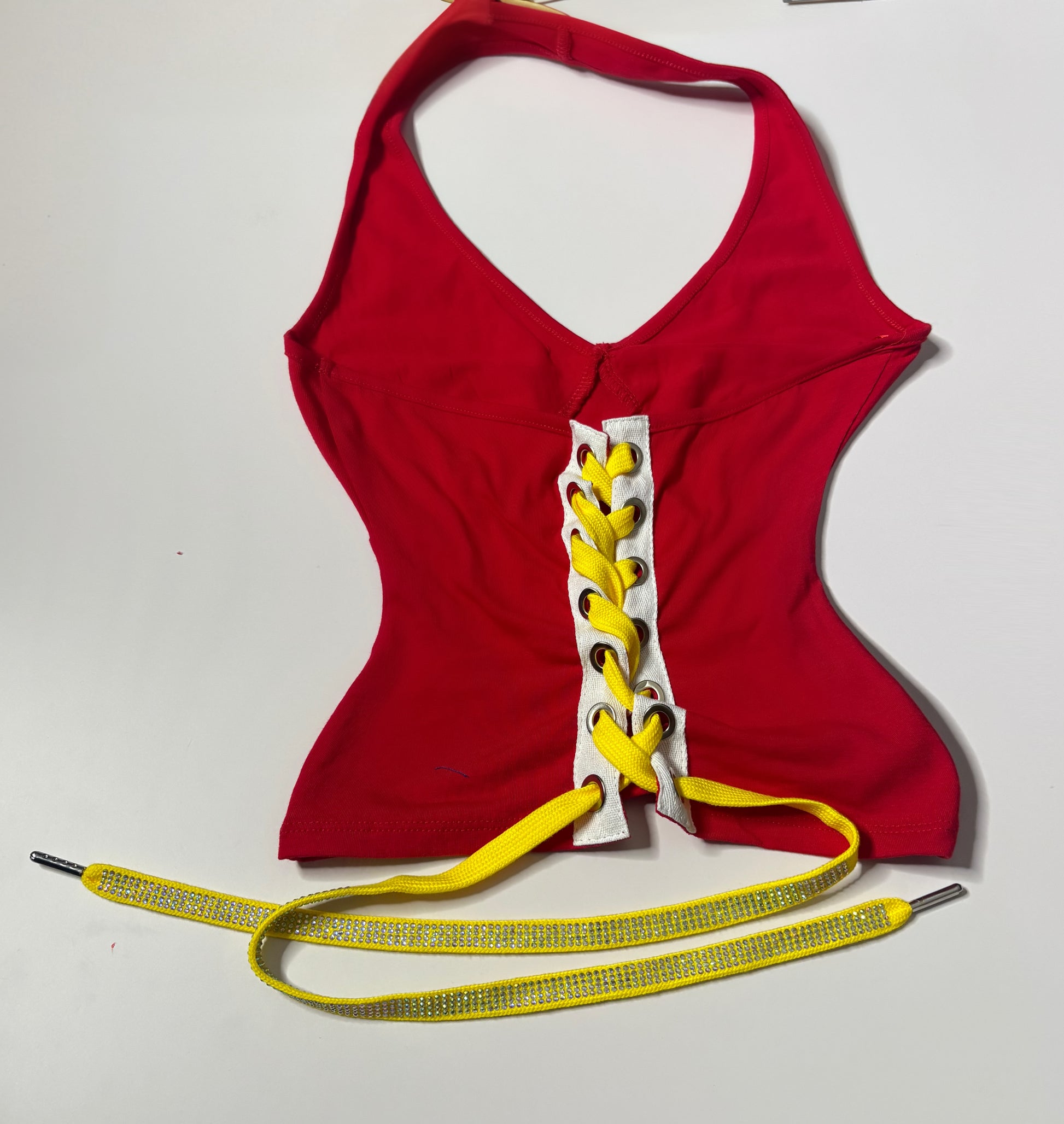 Chiefs Open Back Halter Top - with a yellow flat rhinestone lace