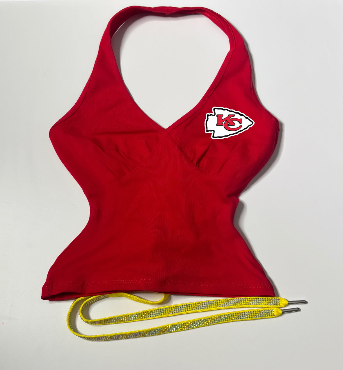 Chiefs Open Back Halter Top - with a yellow flat rhinestone lace