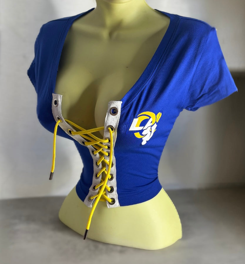 Rams Crop Top - Royal Blue with yellow cotton lace