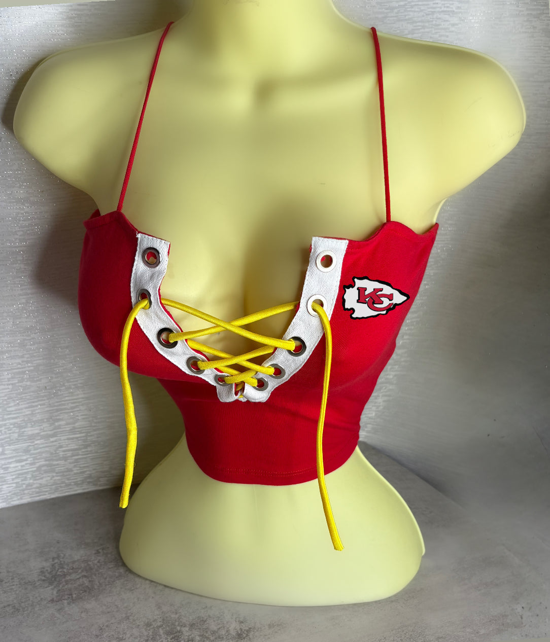 Chiefs Spaghetti Strap Crop Top - Red with a Yellow Cotton Lace
