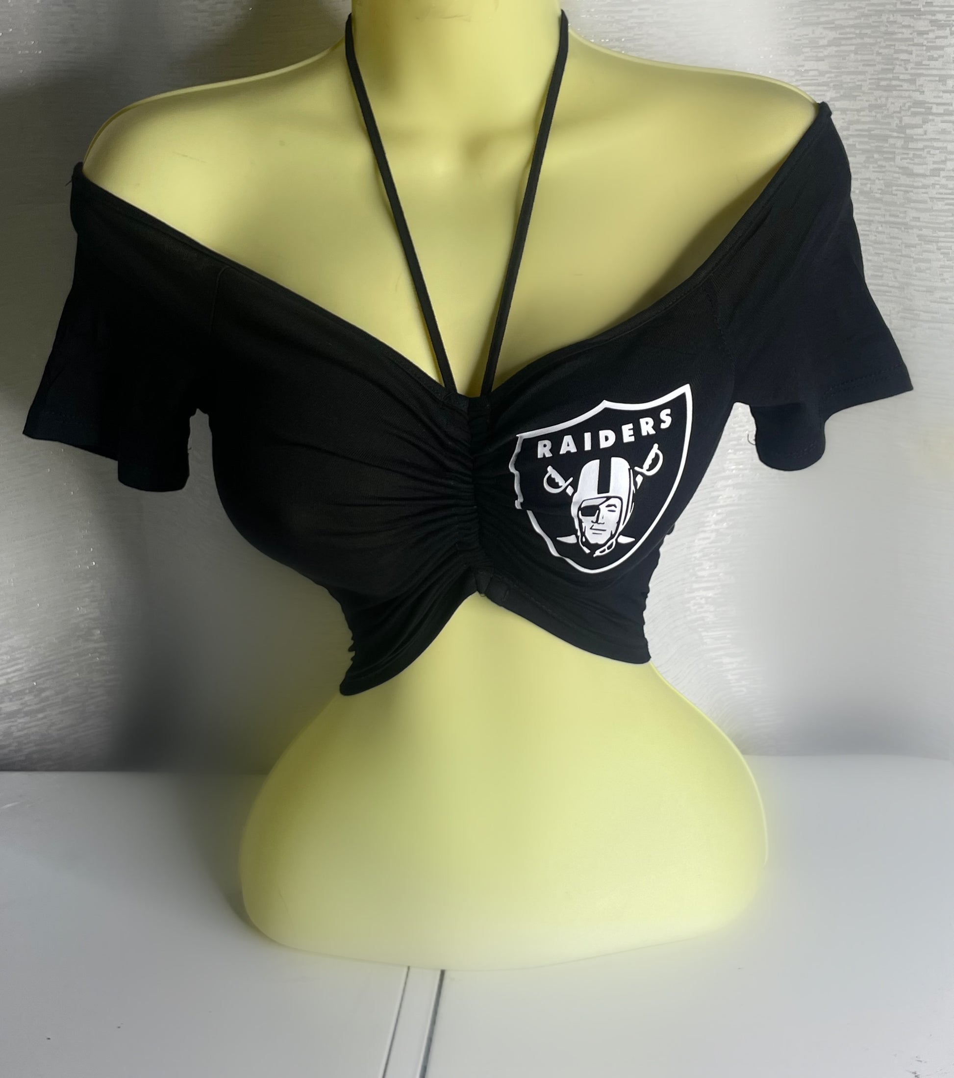 Raiders off the shoulder ruched front halter top