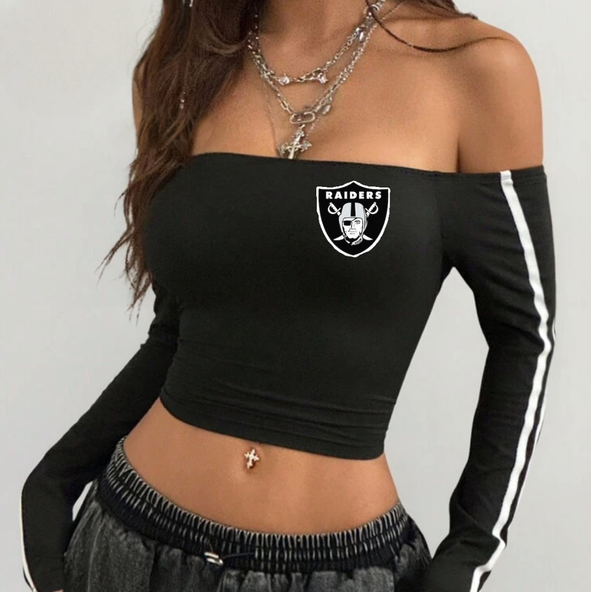 Raiders off the shoulder ringer crop top