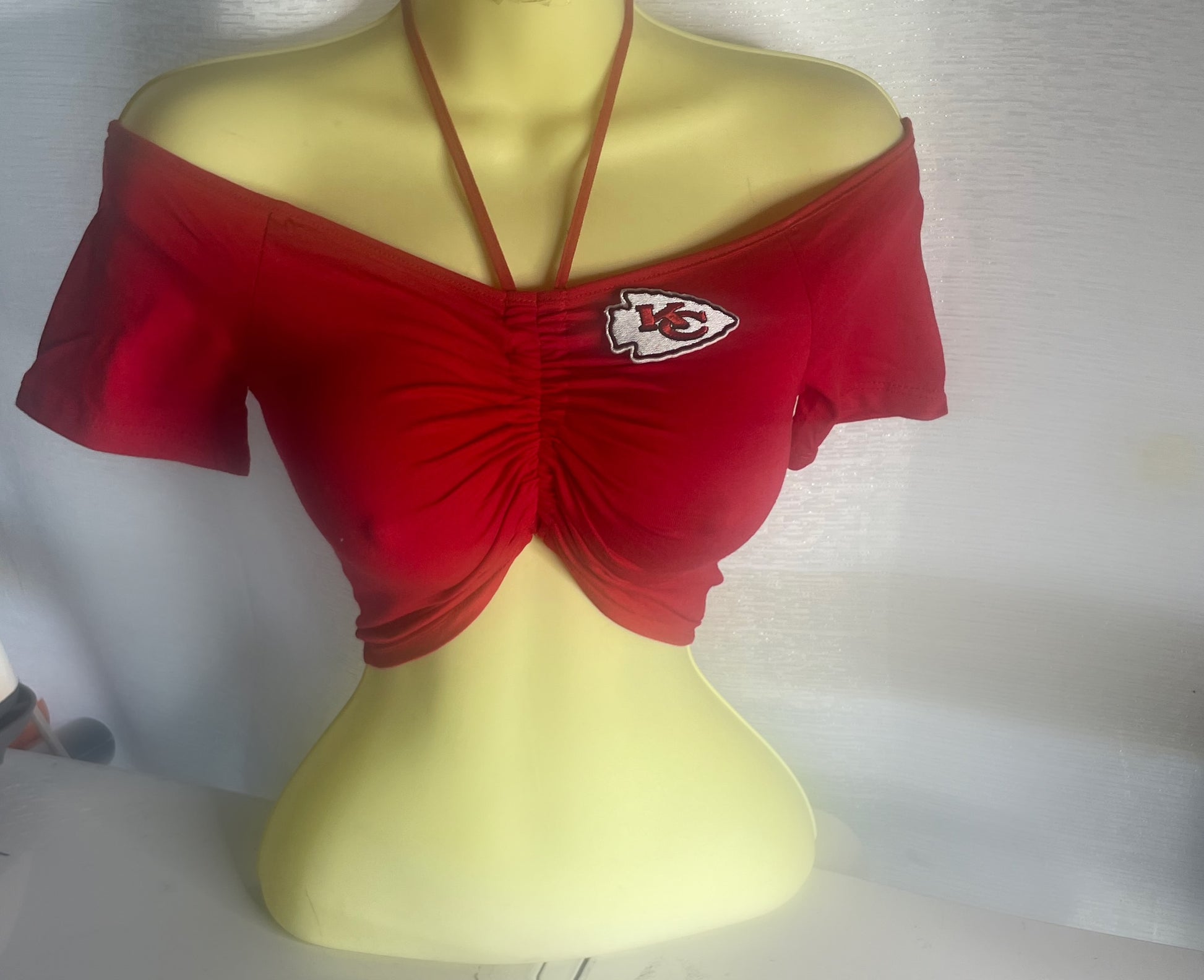 Chiefs off the shoulder ruched front halter top