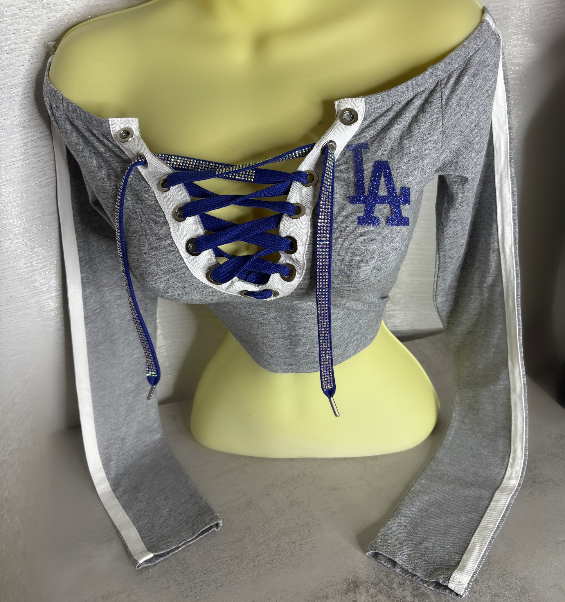 LA Dodgers off the shoulder ringer crop top - Heather Gray