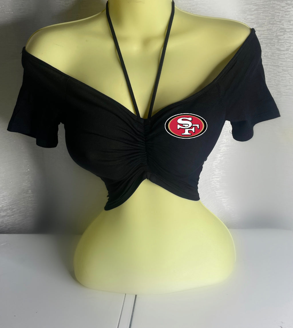 49ers off the shoulder ruched front halter top - Black