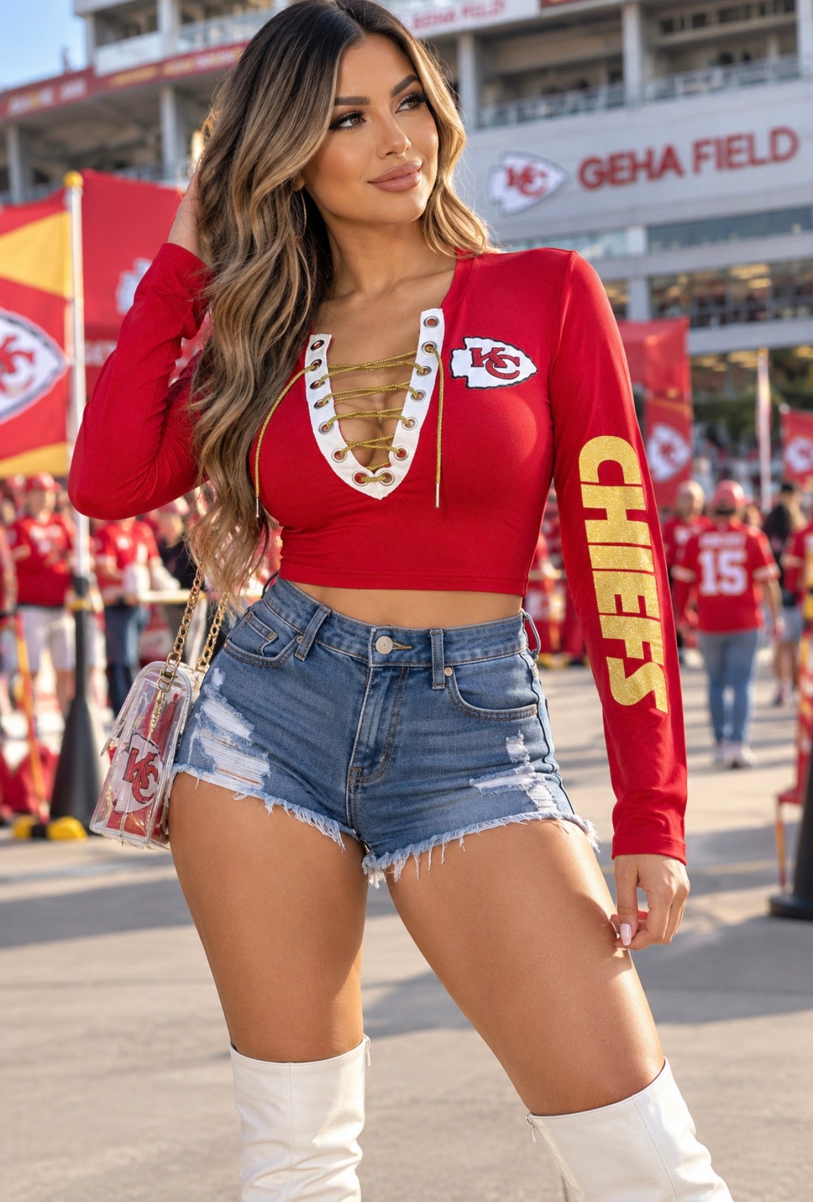 Chiefs Crop Top - Long Sleeve with a glitter logo