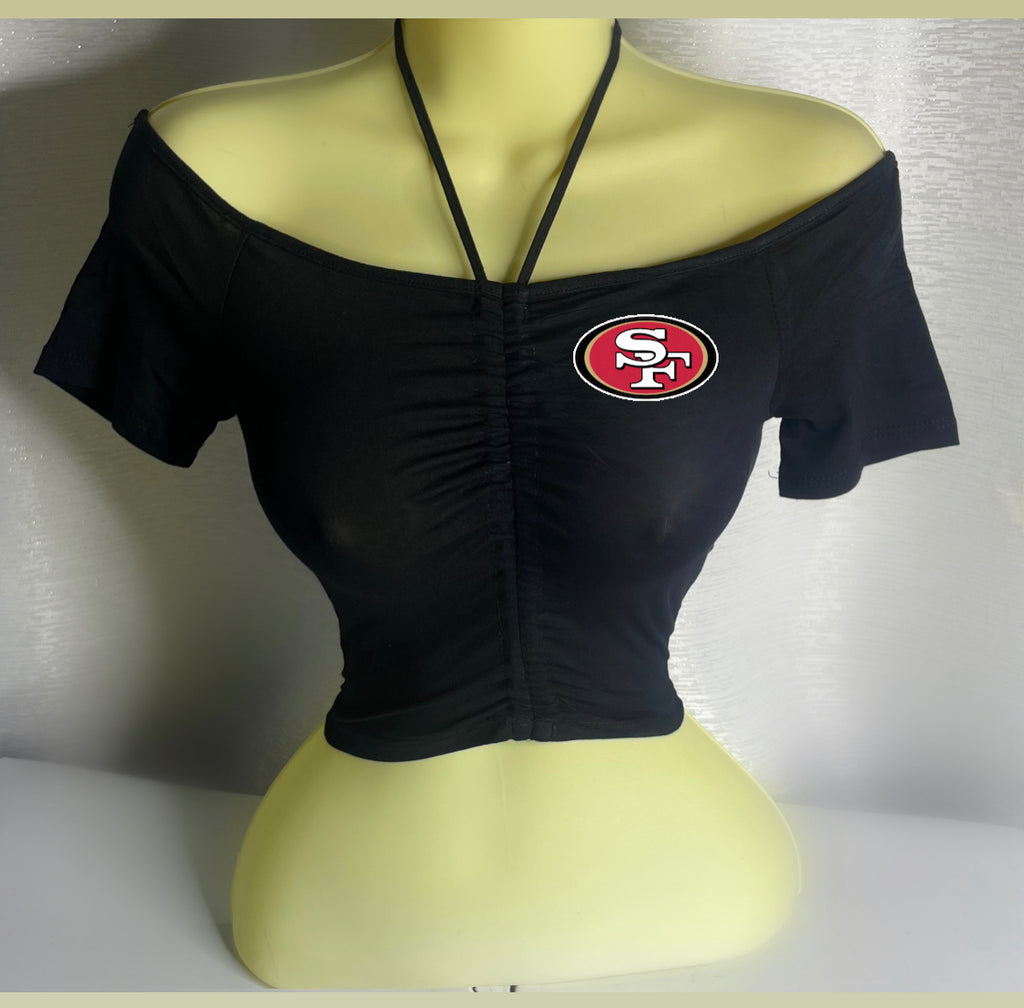 49ers off the shoulder ruched front halter top - Black