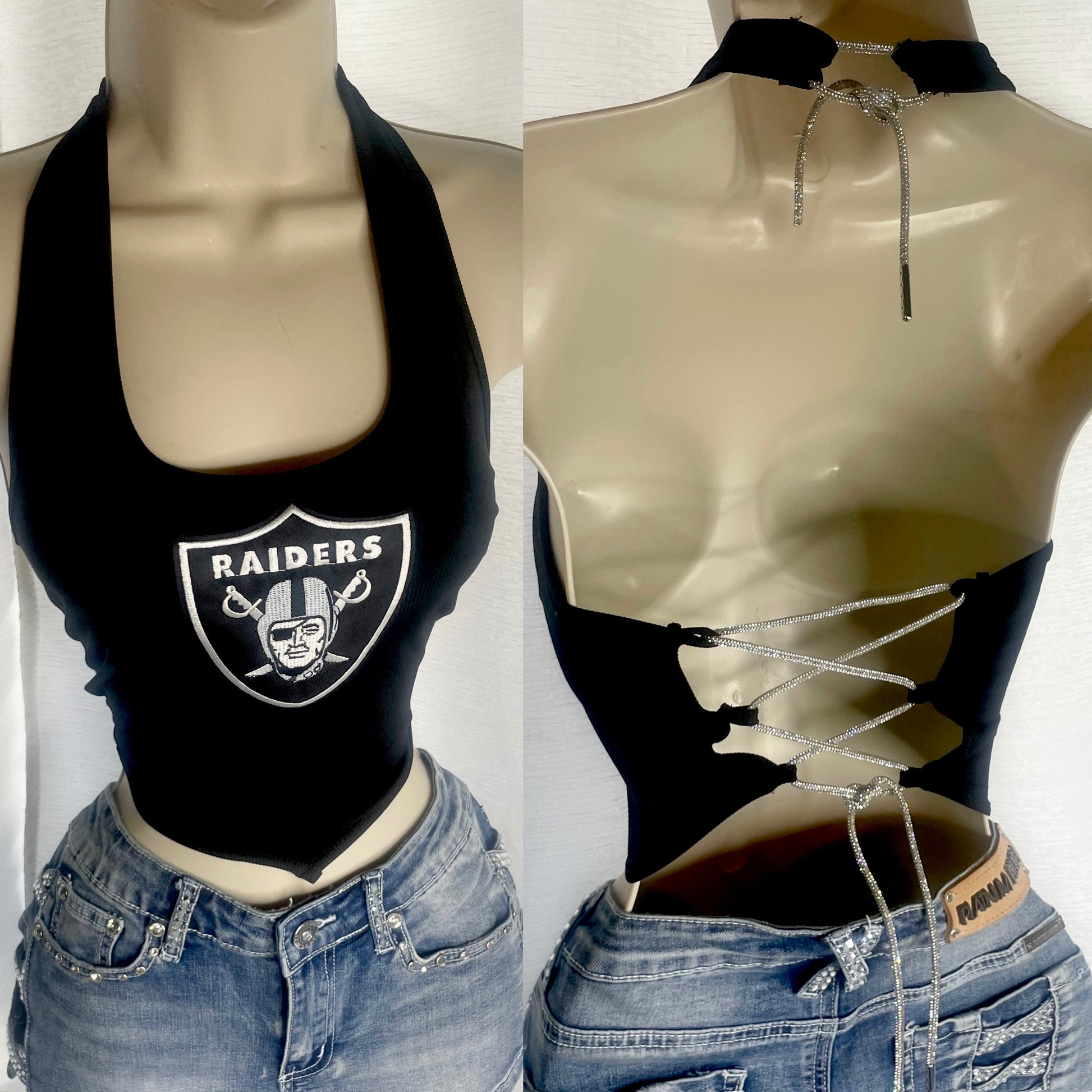 Raiders - Open back halter top with silver rhinestone cords