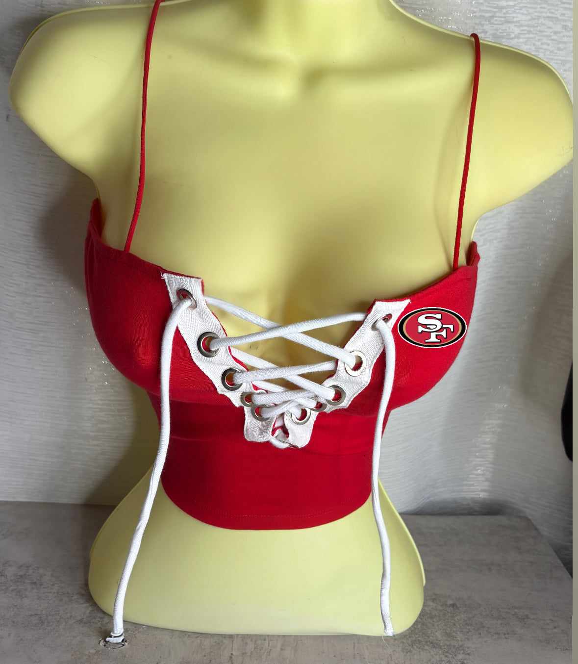 SF Spaghetti Strap Crop Top - Red with White Cotton Lace