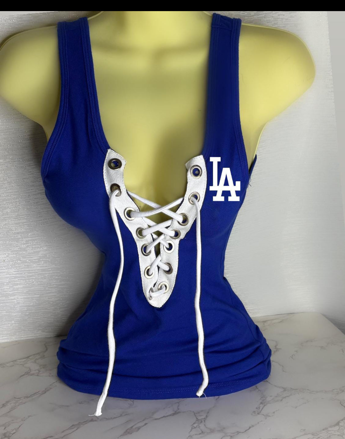 Dodgers Full Length Tank Top - Royal Blue with a white cotton lace