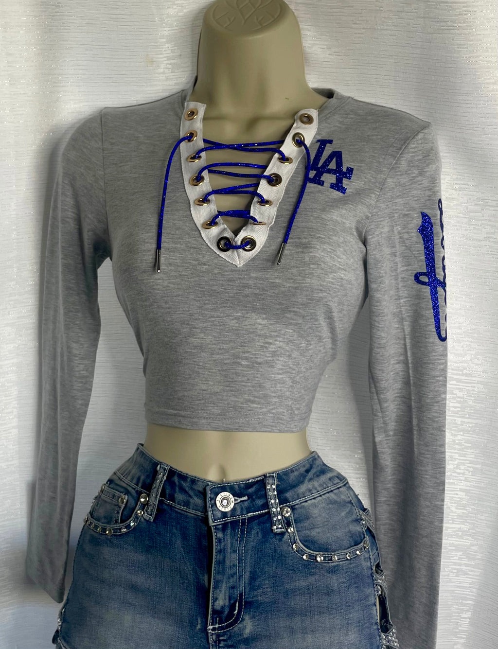 Dodgers Long Sleeve V-Neck Crop Top - Heather Gray