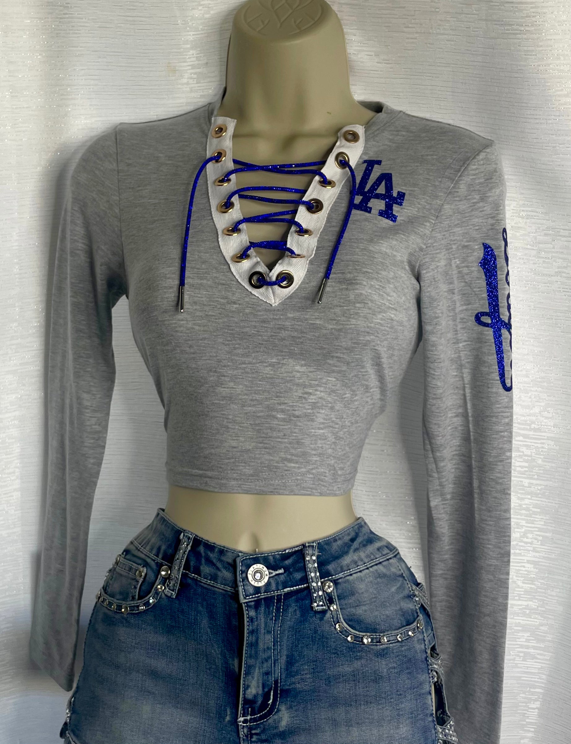 Dodgers Long Sleeve V-Neck Crop Top - Heather Gray