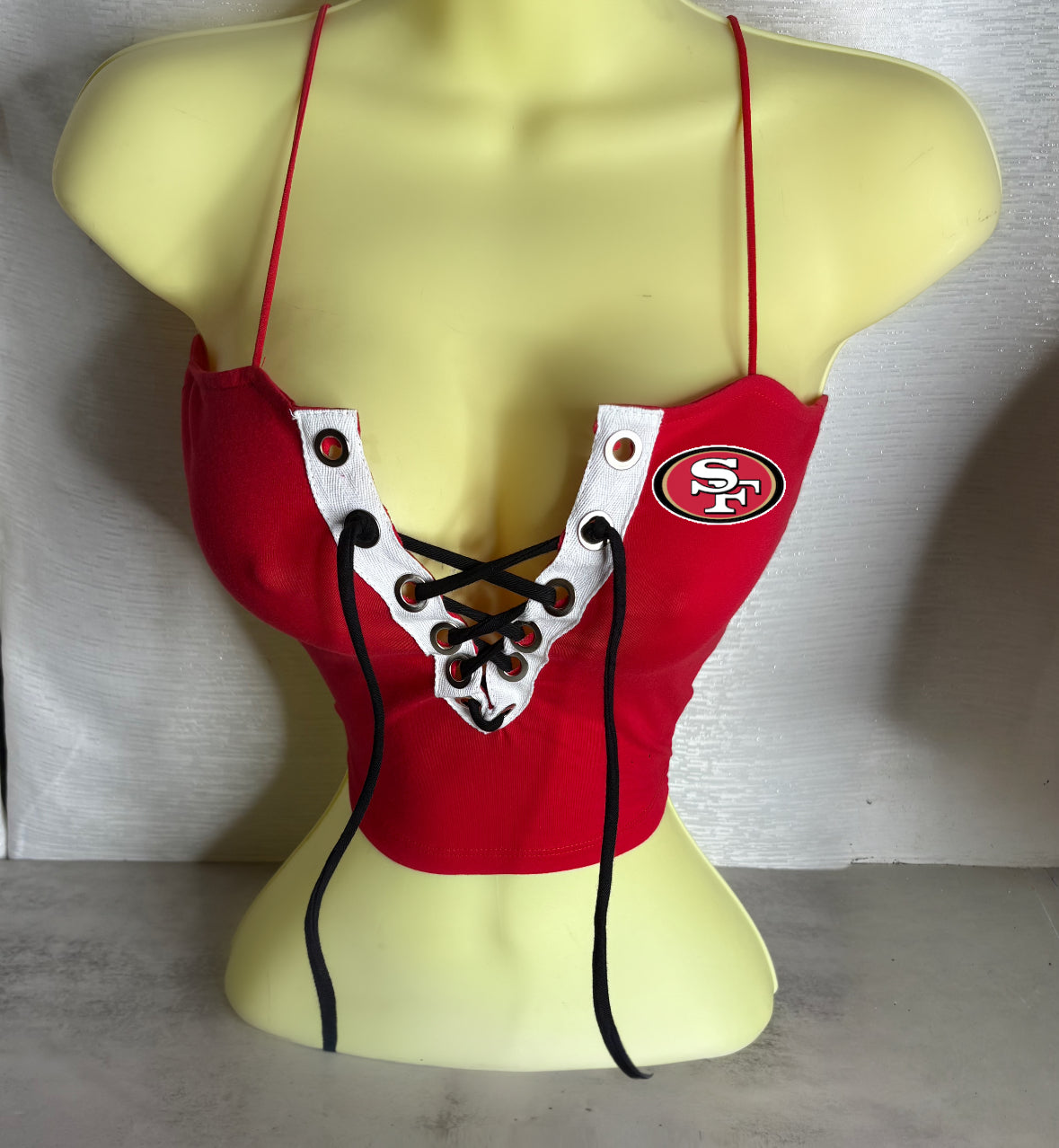SF Spaghetti Strap Crop Top - Red with a Black Cotton Lace
