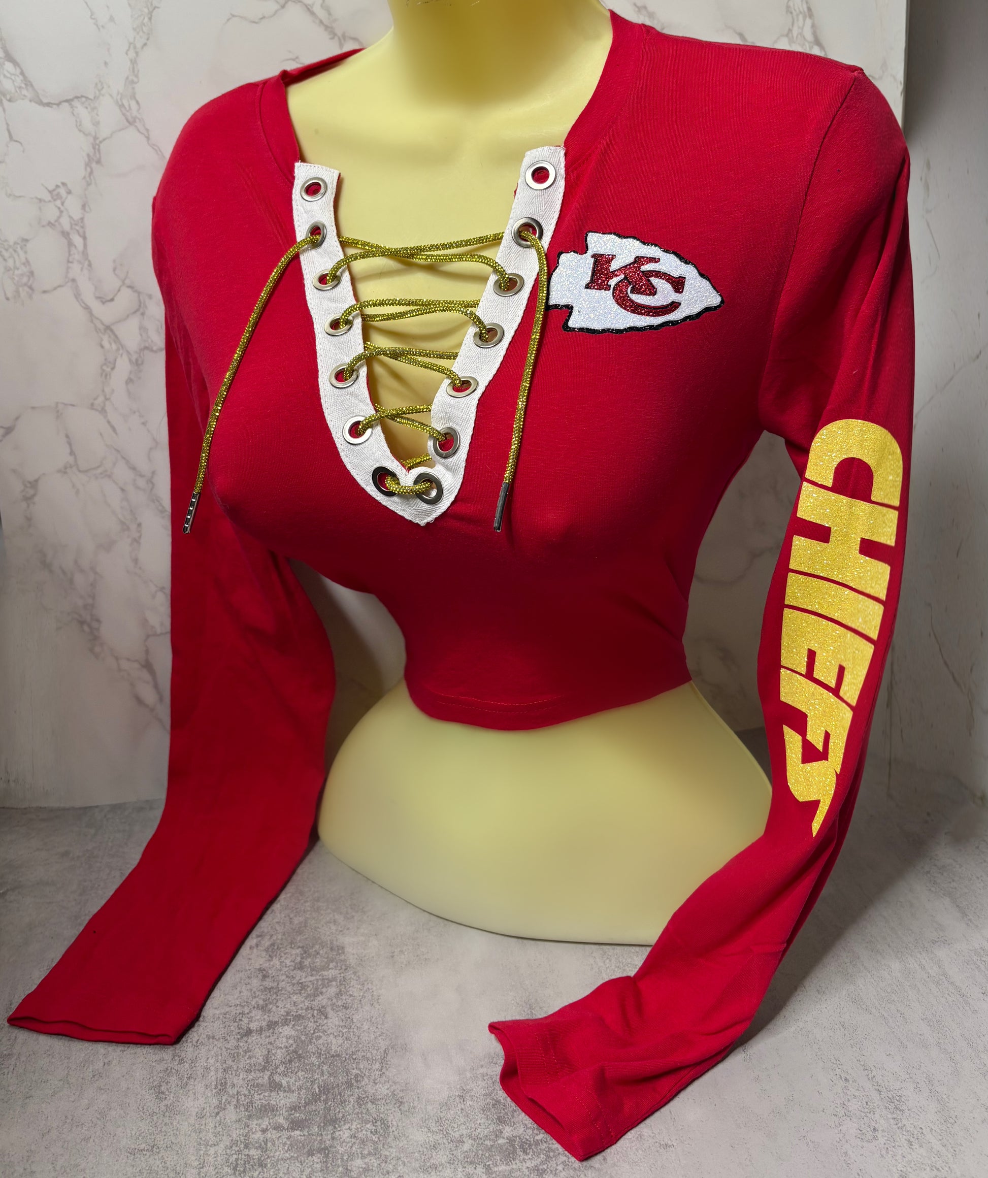 Chiefs Crop Top - Long Sleeve with a glitter logo