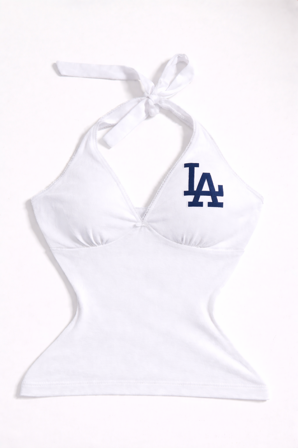 LA Dodgers Halter Top with Edge Lace and Bow - White with Navy Blue logo