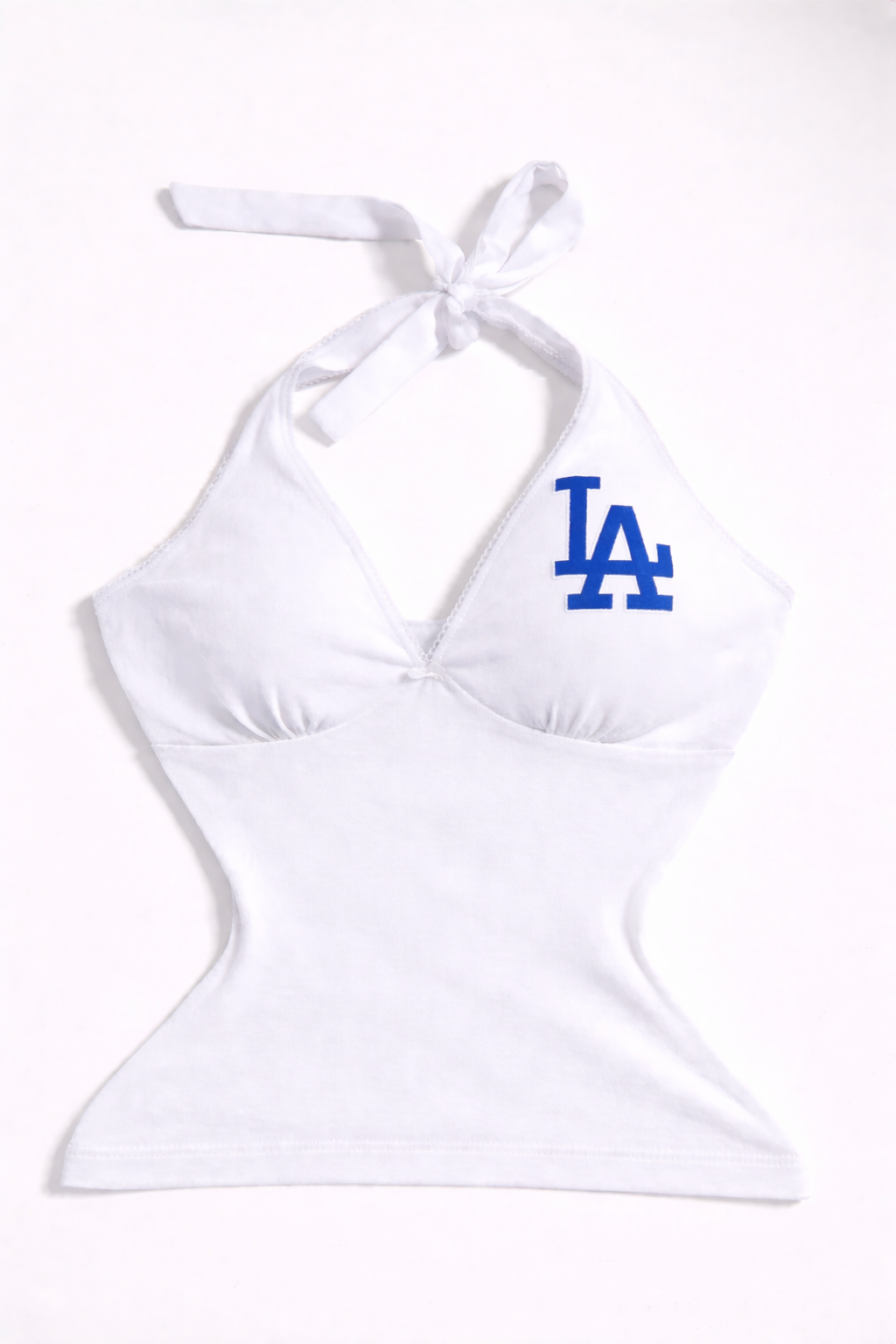 LA Dodgers Halter Top with Edge Lace and Bow - White with Royal Blue logo