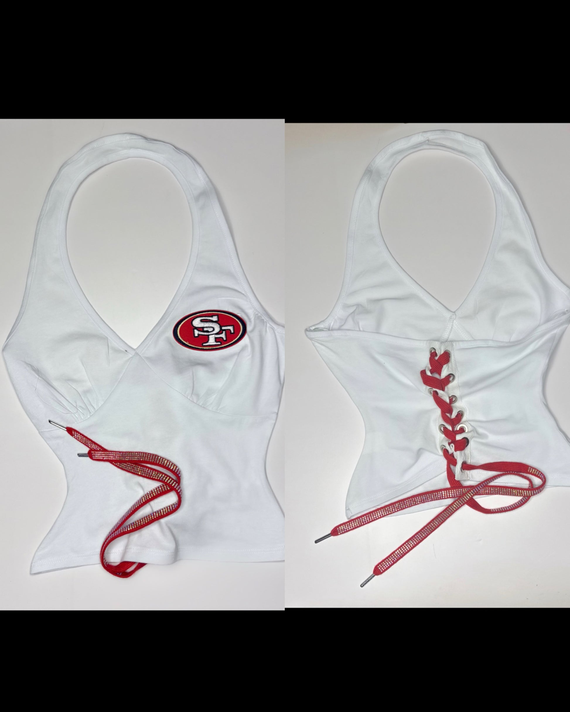 49ers Open Back Halter Top - White with a Red Rhinestone/Cotton lace