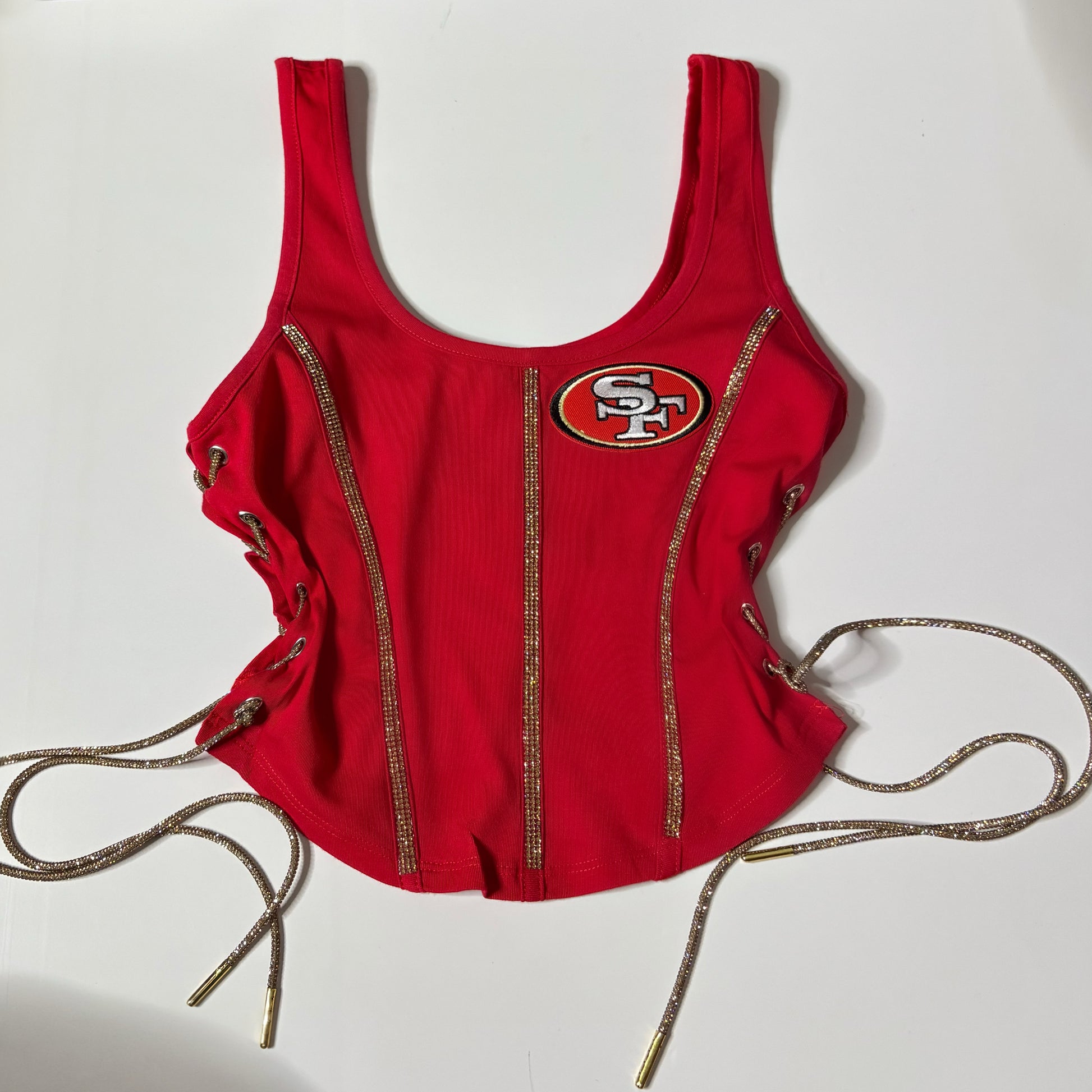 49ers Side Cut Corset - Res with two gold rhinestone cords