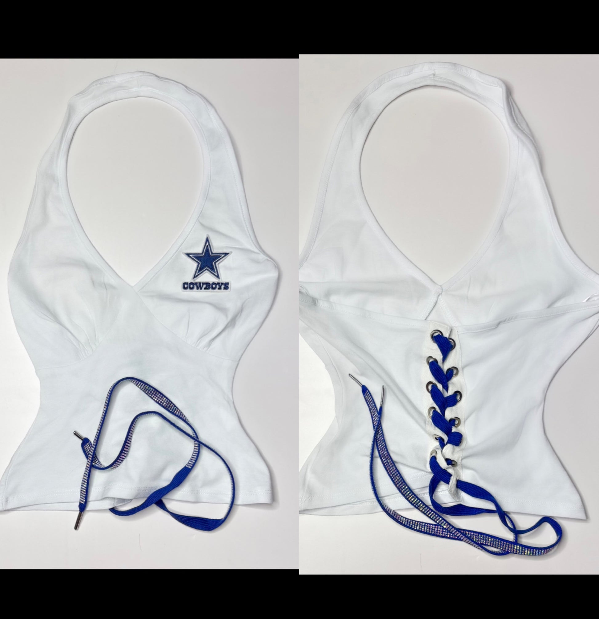Cowboys Open Back Halter Top - White with a blue rhinestone/cotton lace