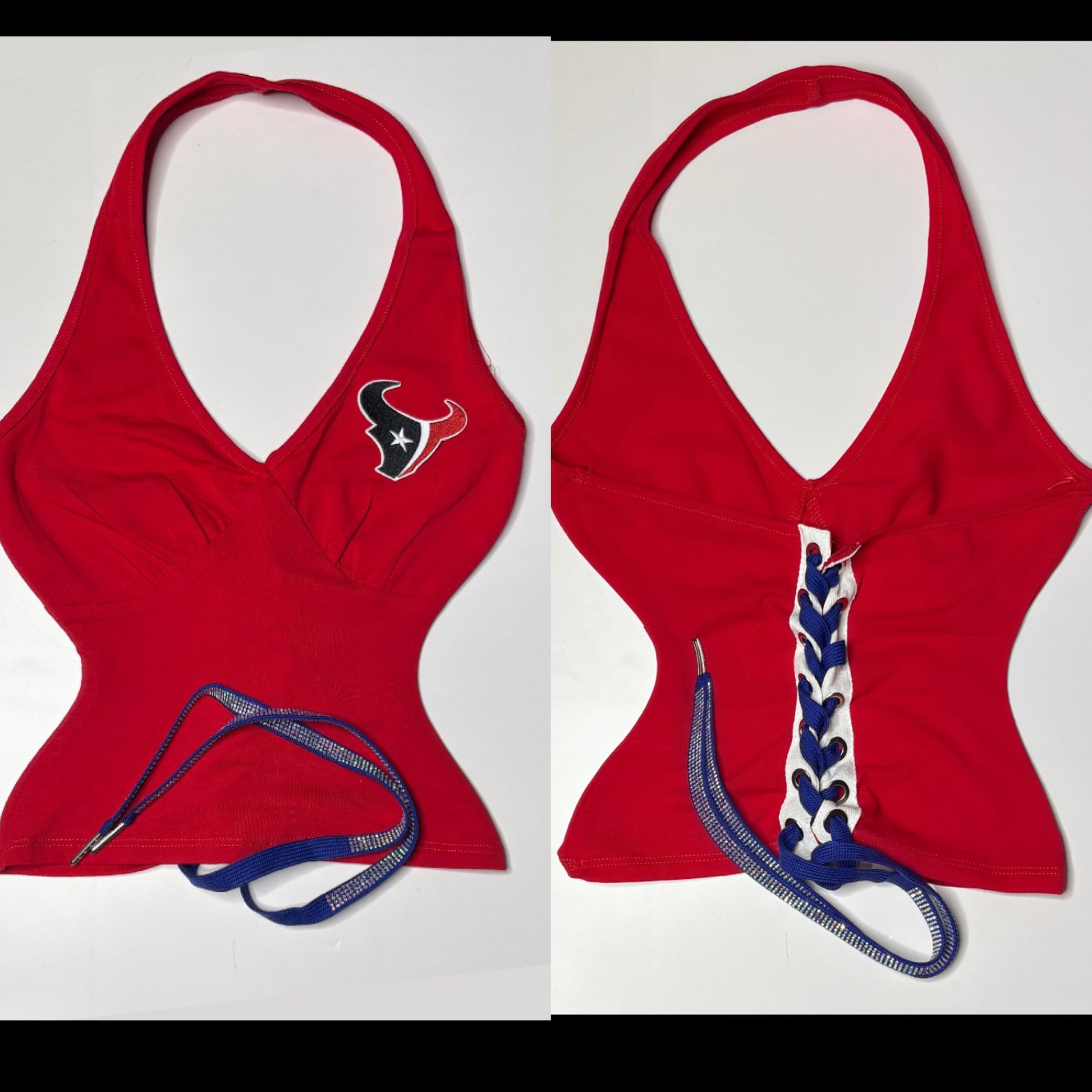 Texans Open Back Halter Top - Red with a  blue flat rhinestone lace