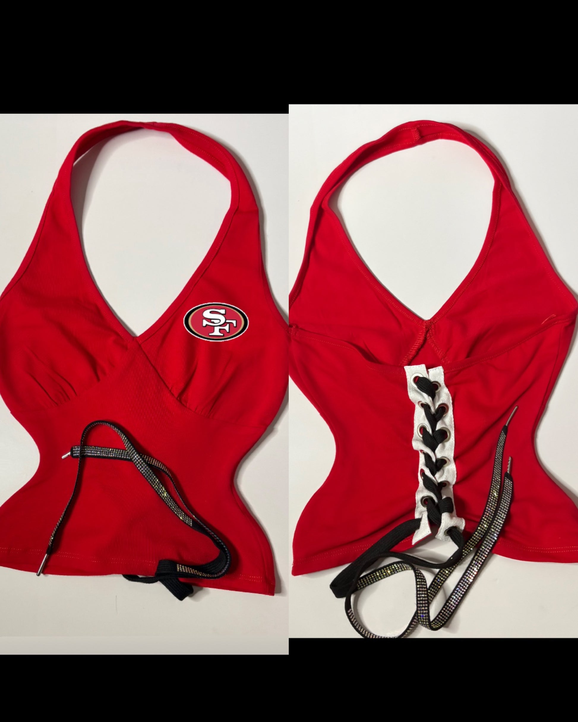 49ers Open Back Halter Top - Red with a black flat rhinestone lace